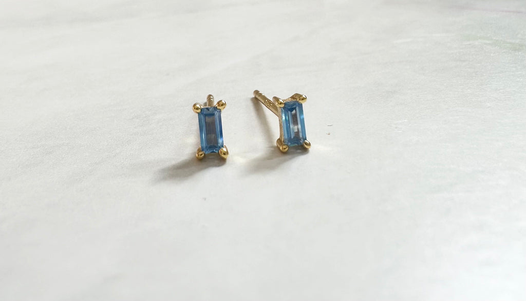 Light Blue CZ Gold Baguette Stud Earrings, Baguette Studs