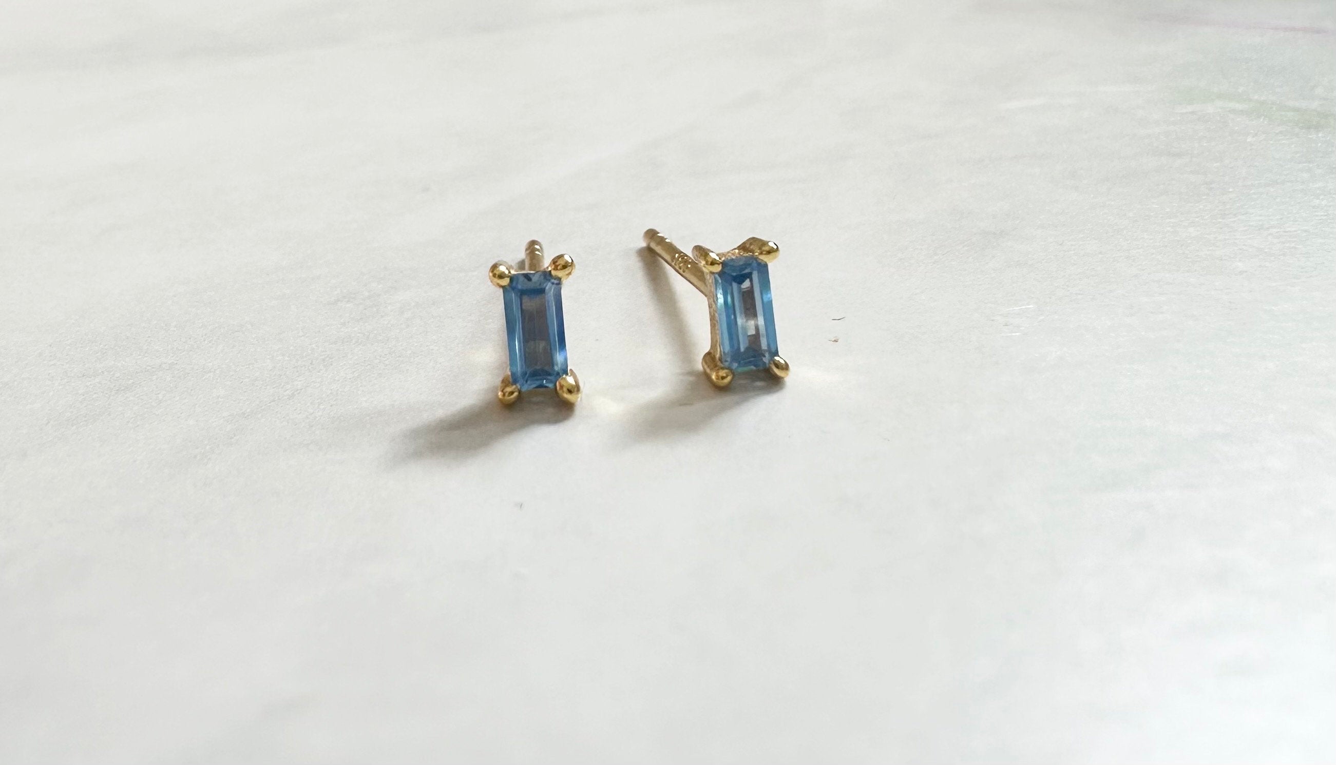 Light Blue CZ Gold Baguette Stud Earrings, Baguette Studs