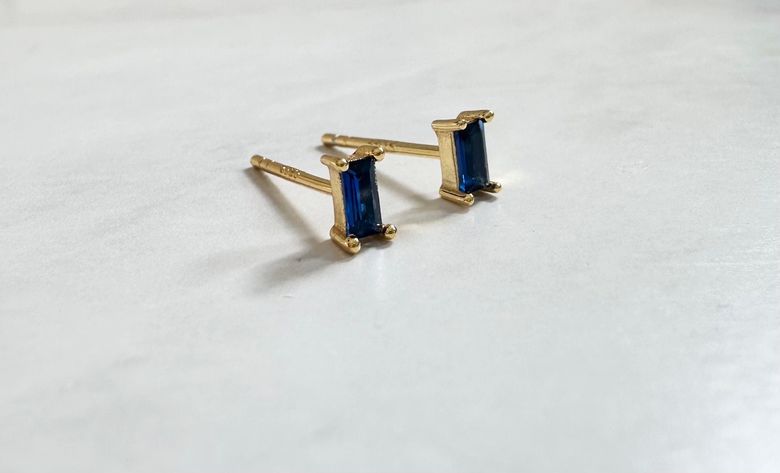Royal Blue CZ Gold Baguette Stud Earrings, Baguette Studs