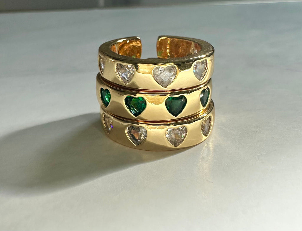 Green CZ Heart Ring: 18k Gold Plated Statement Jewelry Valentines Day