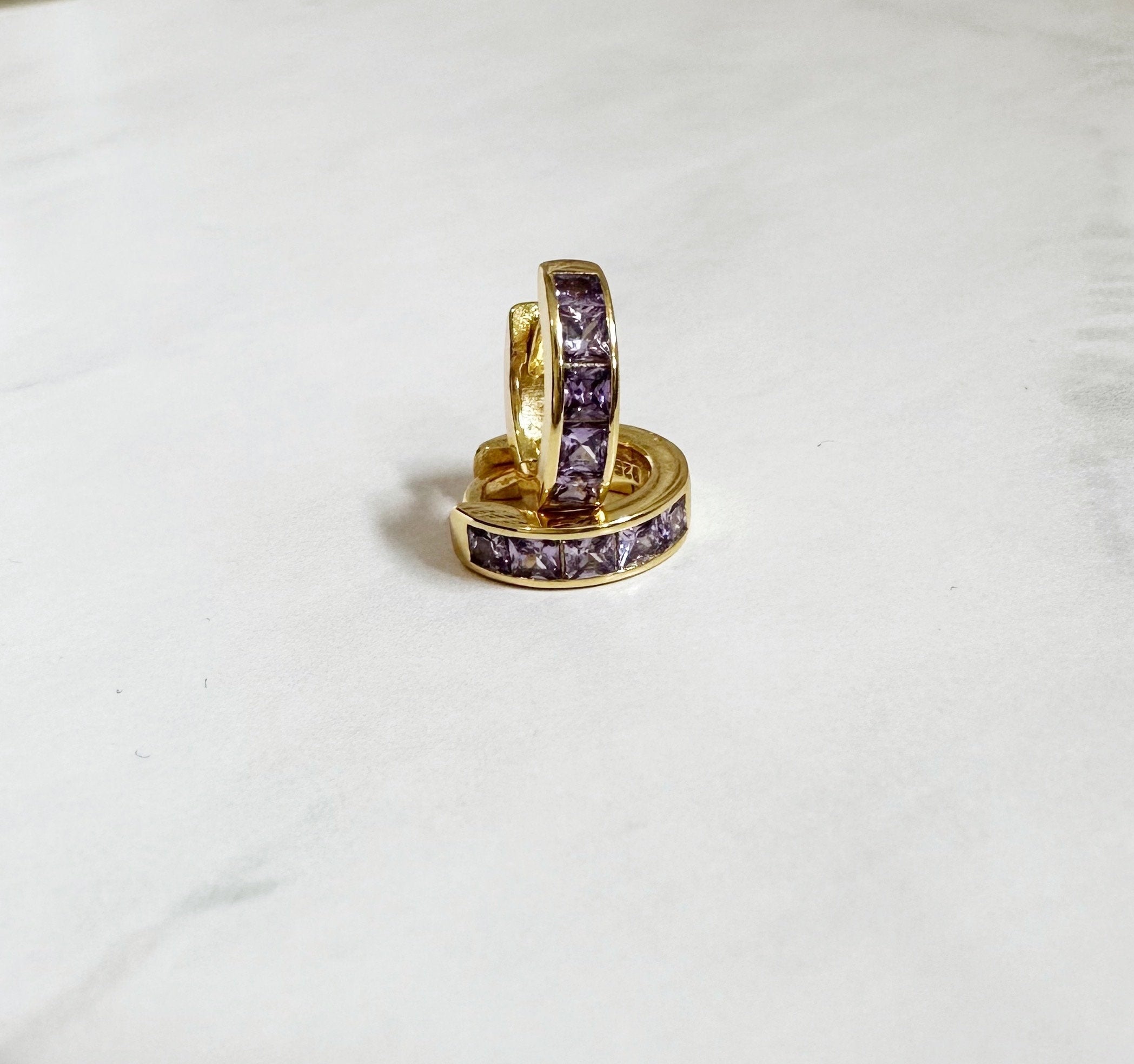 Purple CZ Huggie Earrings: 18k Gold Plated Sterling Silver Hoops