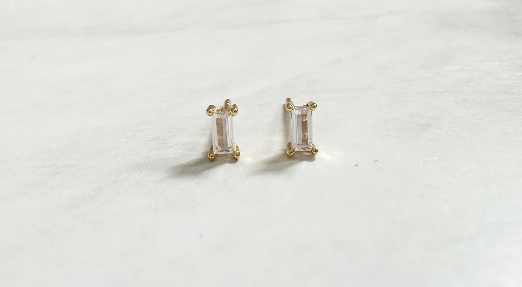 Clear CZ Gold Baguette Stud Earrings, Baguette Studs