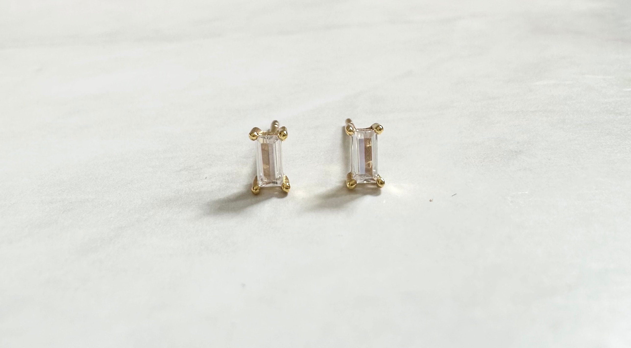 Clear CZ Gold Baguette Stud Earrings, Baguette Studs