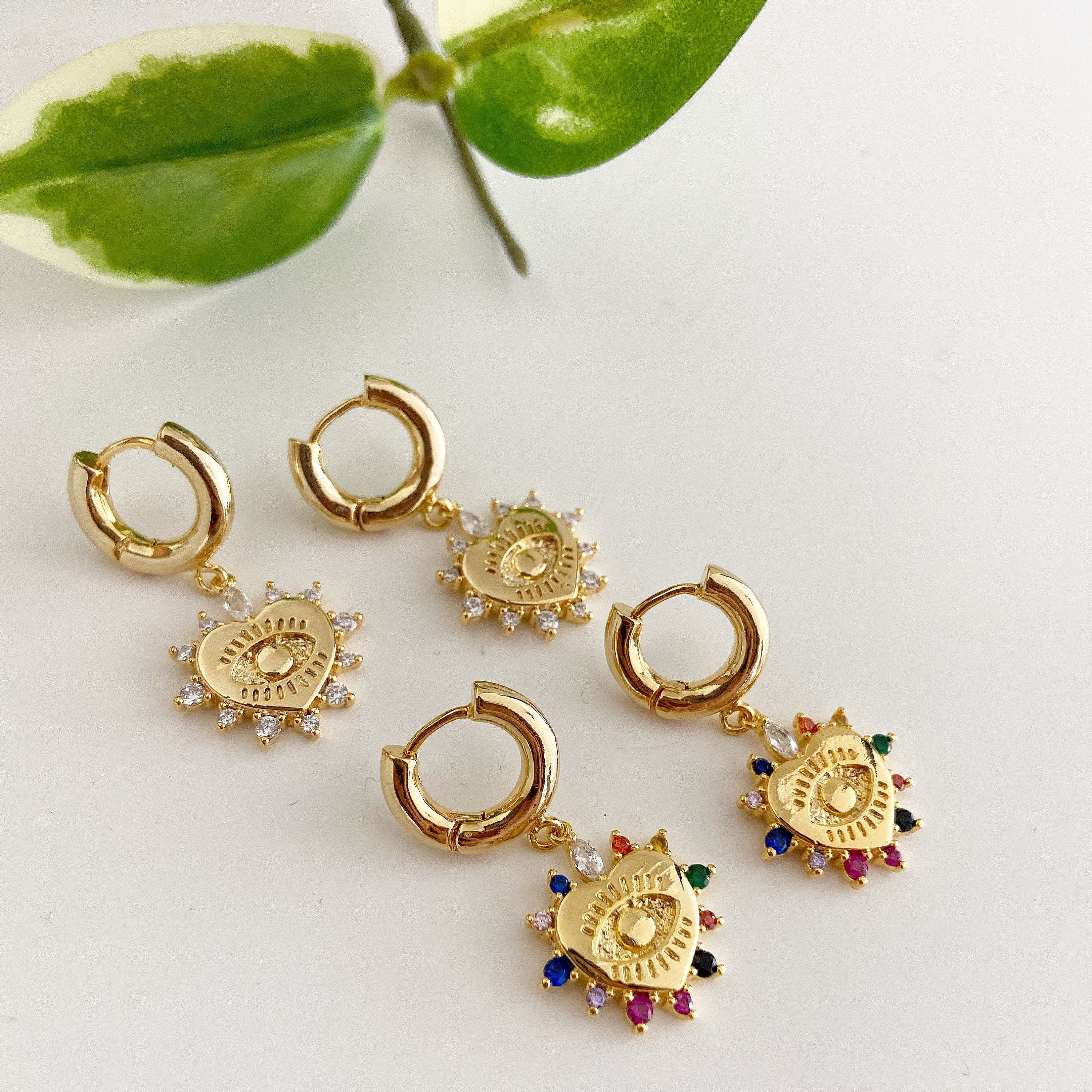 Rainbow CZ Evil Eye Heart Huggie Hoop Earrings, 16k Gold Plated