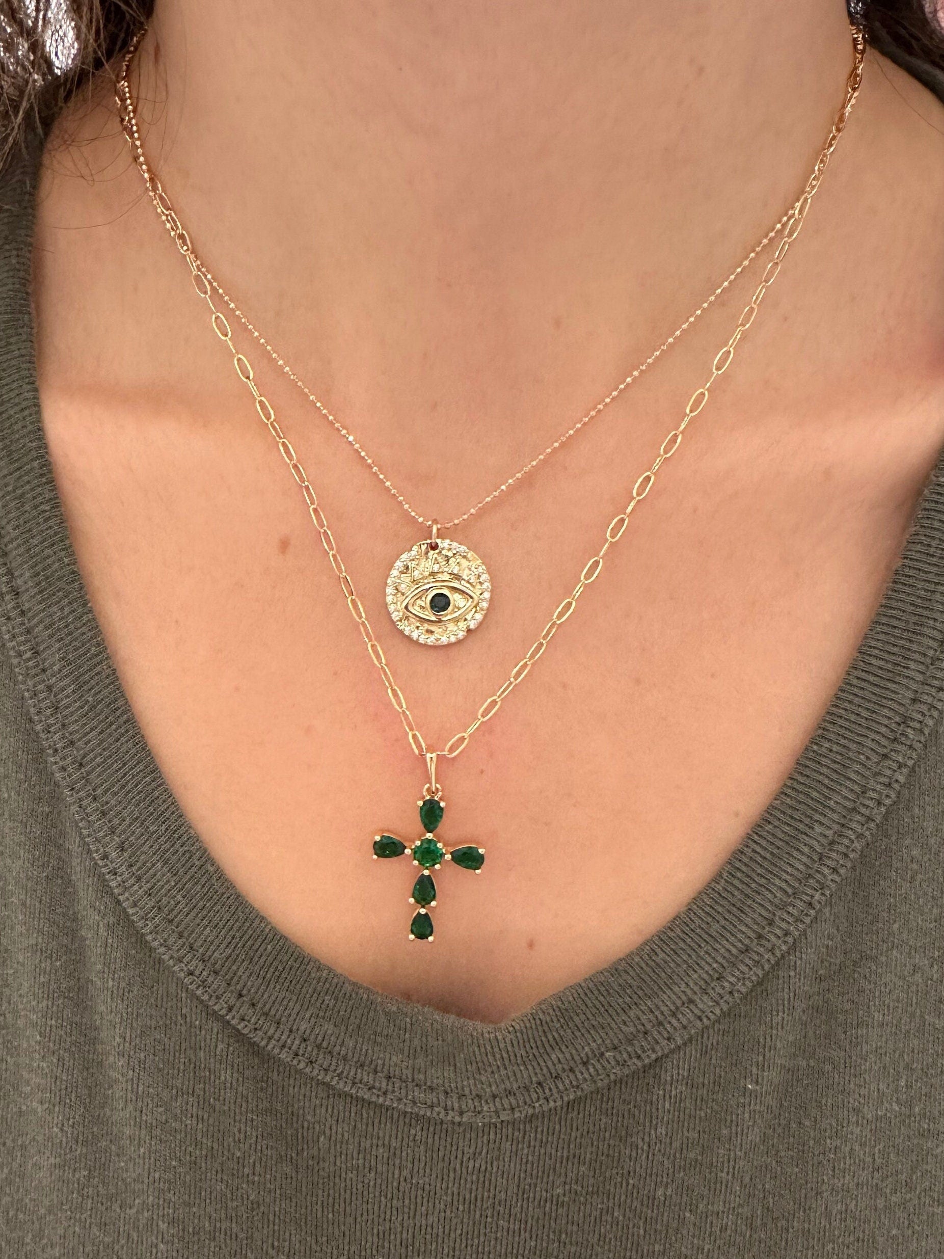 18k Gold Filled Green Evil Eye Coin Pendant Necklace