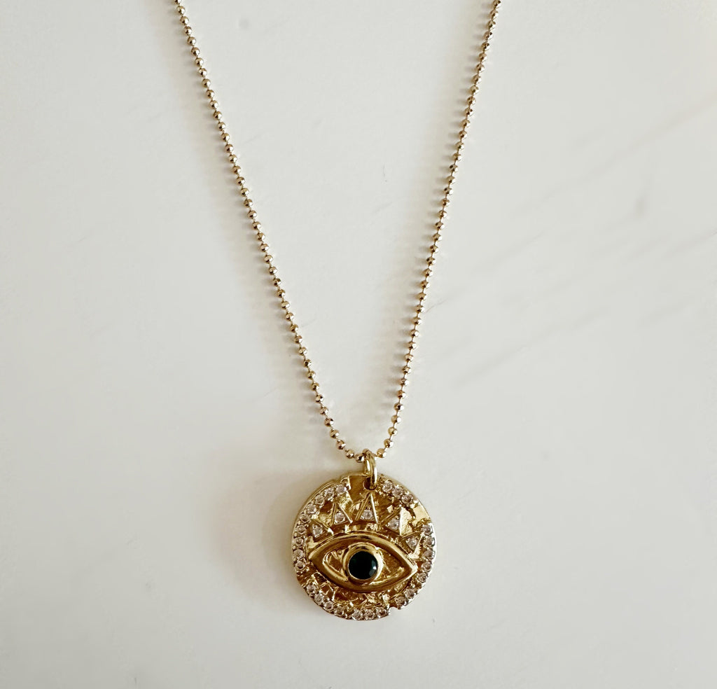 18k Gold Filled Green Evil Eye Coin Pendant Necklace