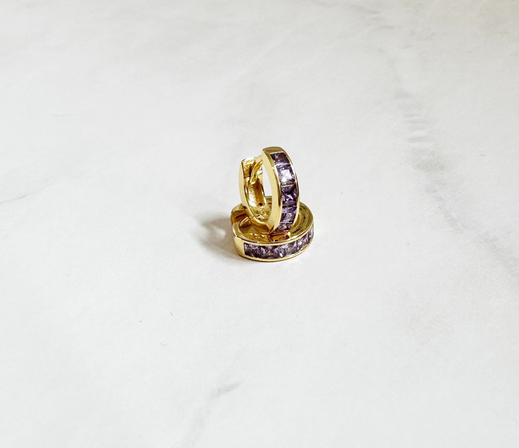 Purple CZ Huggie Earrings: 18k Gold Plated Sterling Silver Hoops