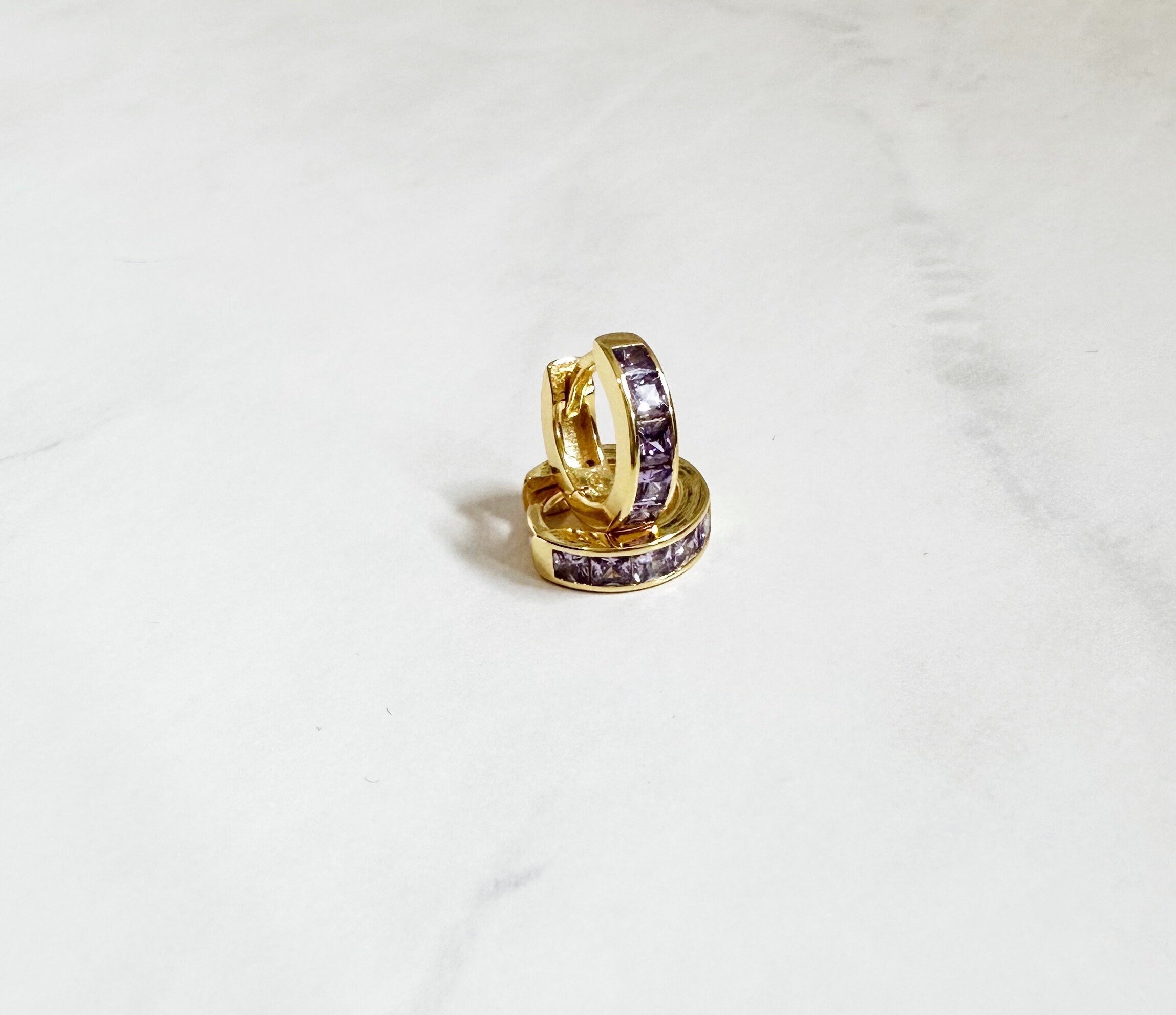 Purple CZ Huggie Earrings: 18k Gold Plated Sterling Silver Hoops