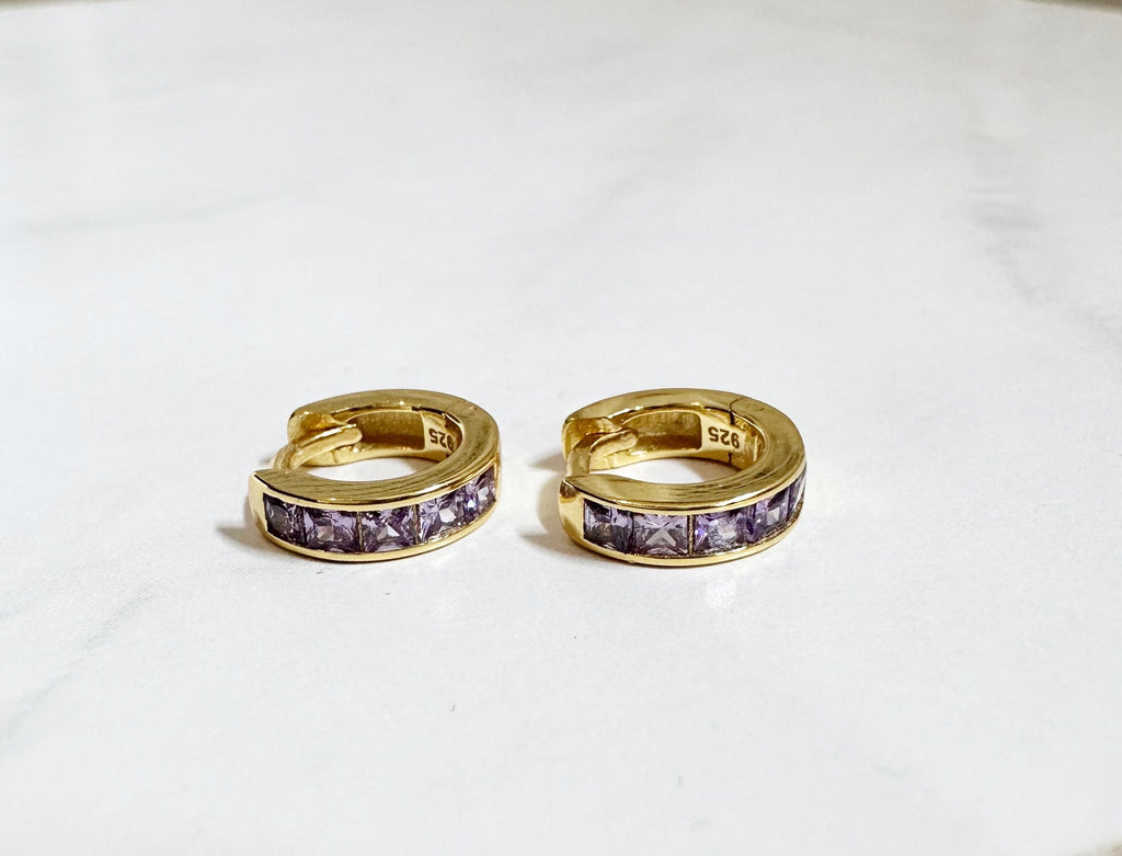 Purple CZ Huggie Earrings: 18k Gold Plated Sterling Silver Hoops
