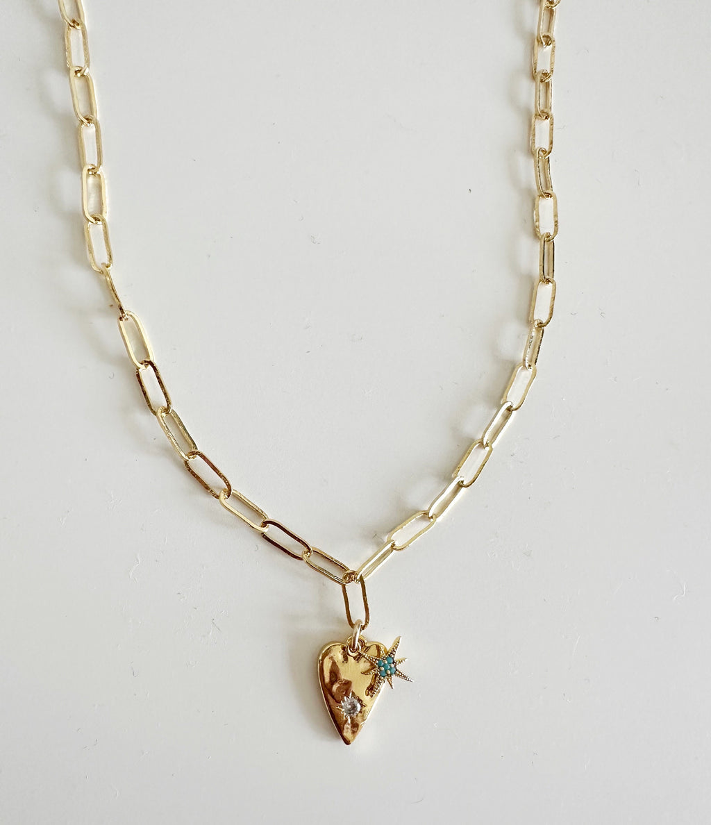 Gold Heart Opal Charm Necklace: Turquoise Star Valentines Day