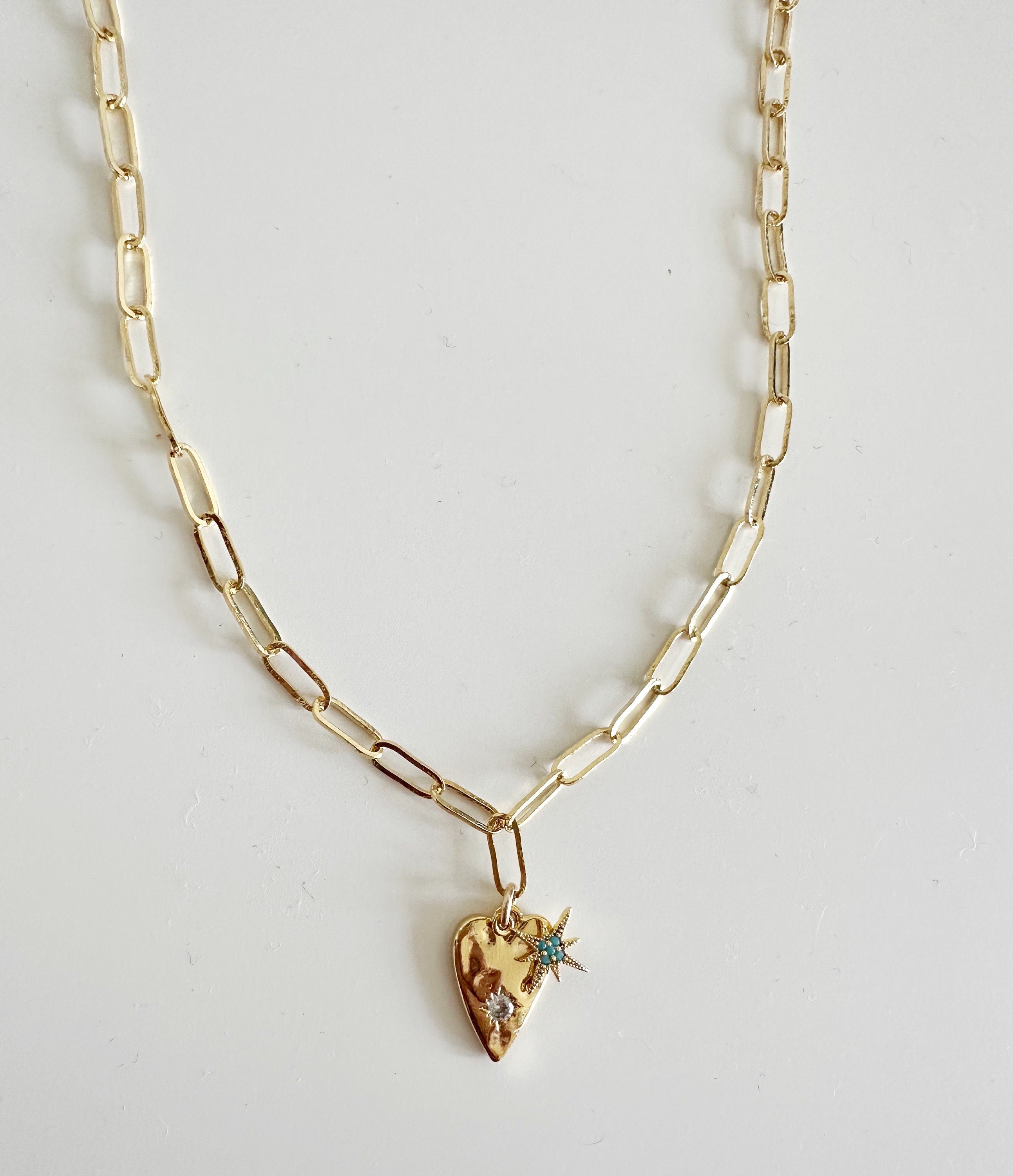 Gold Heart Opal Charm Necklace: Turquoise Star Valentines Day