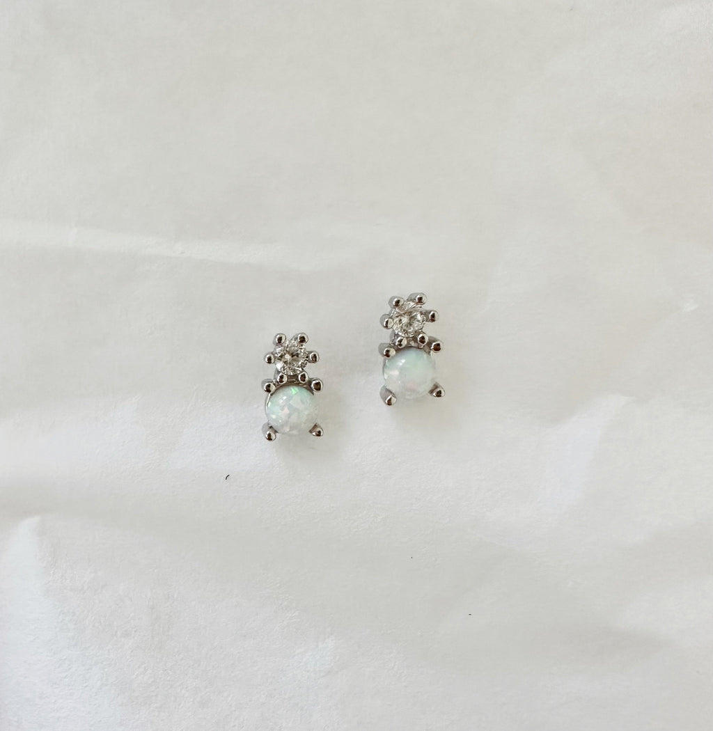 White Opal CZ Silver Stud Earrings, Opal Studs, Opal Earrings