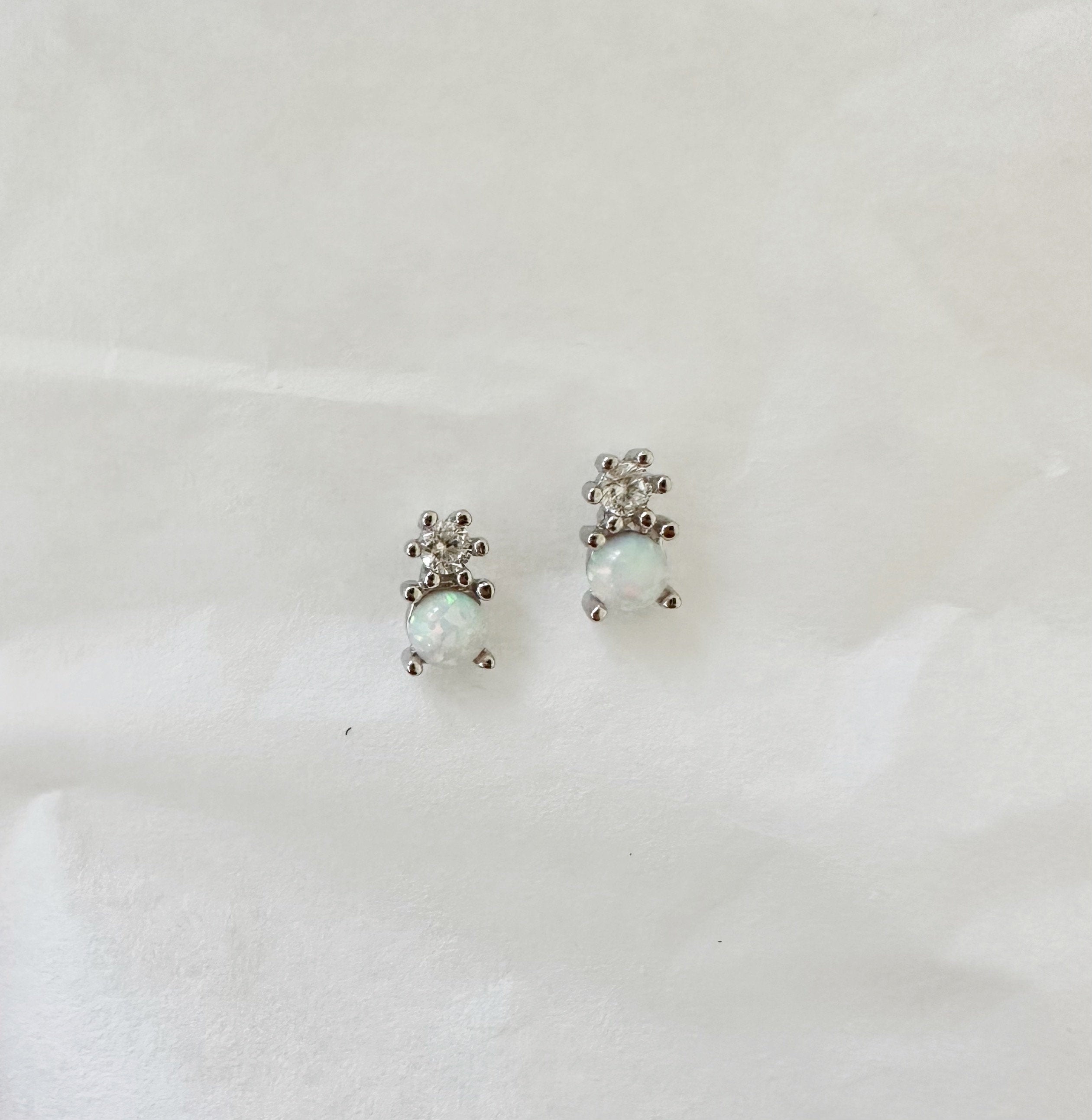 White Opal CZ Silver Stud Earrings, Opal Studs, Opal Earrings