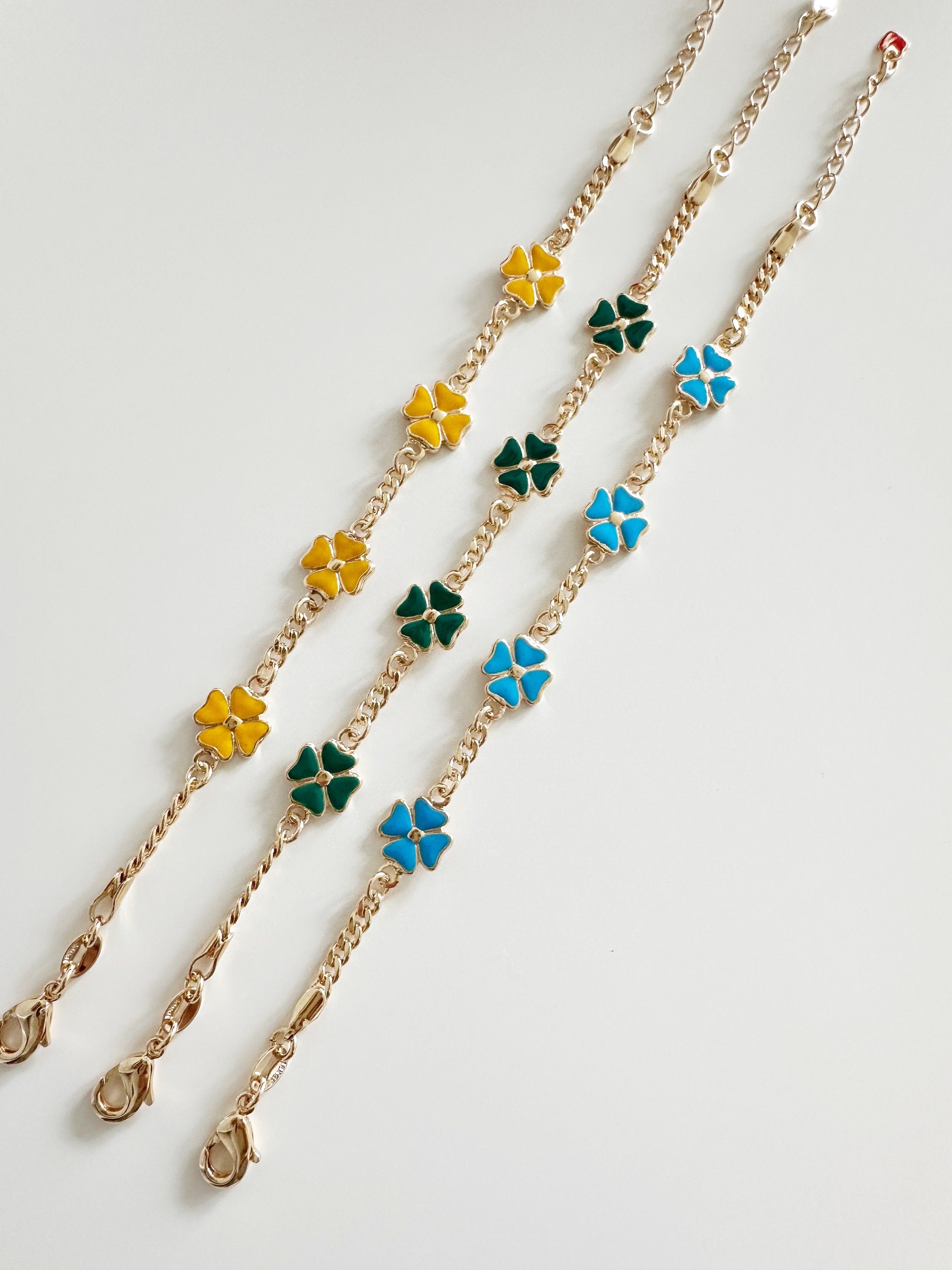 18k gold filled Yellow and Gold Clover Chain Bracelet, Dainty Bracelet