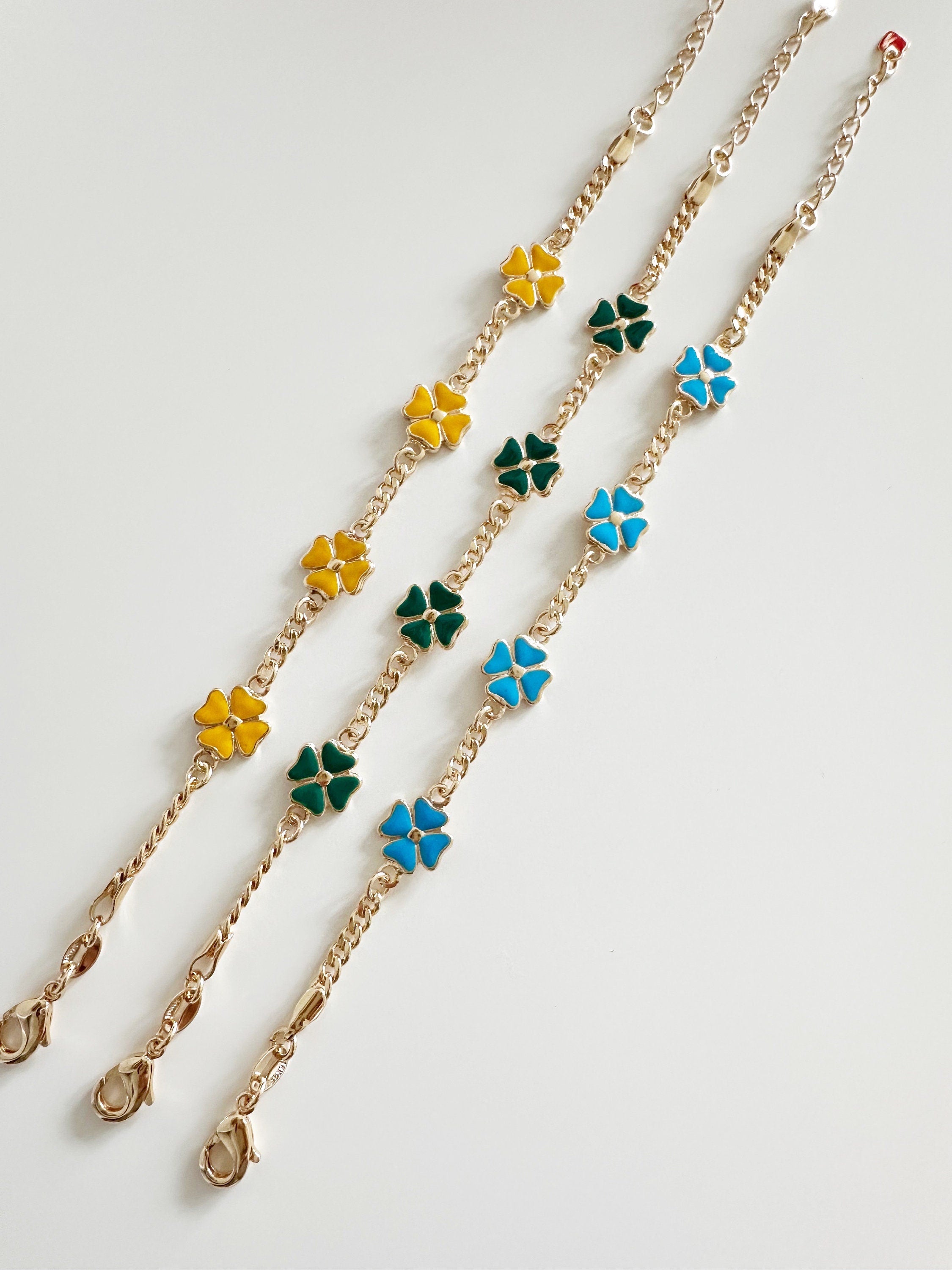 18k gold filled Yellow and Gold Clover Chain Bracelet, Dainty Bracelet