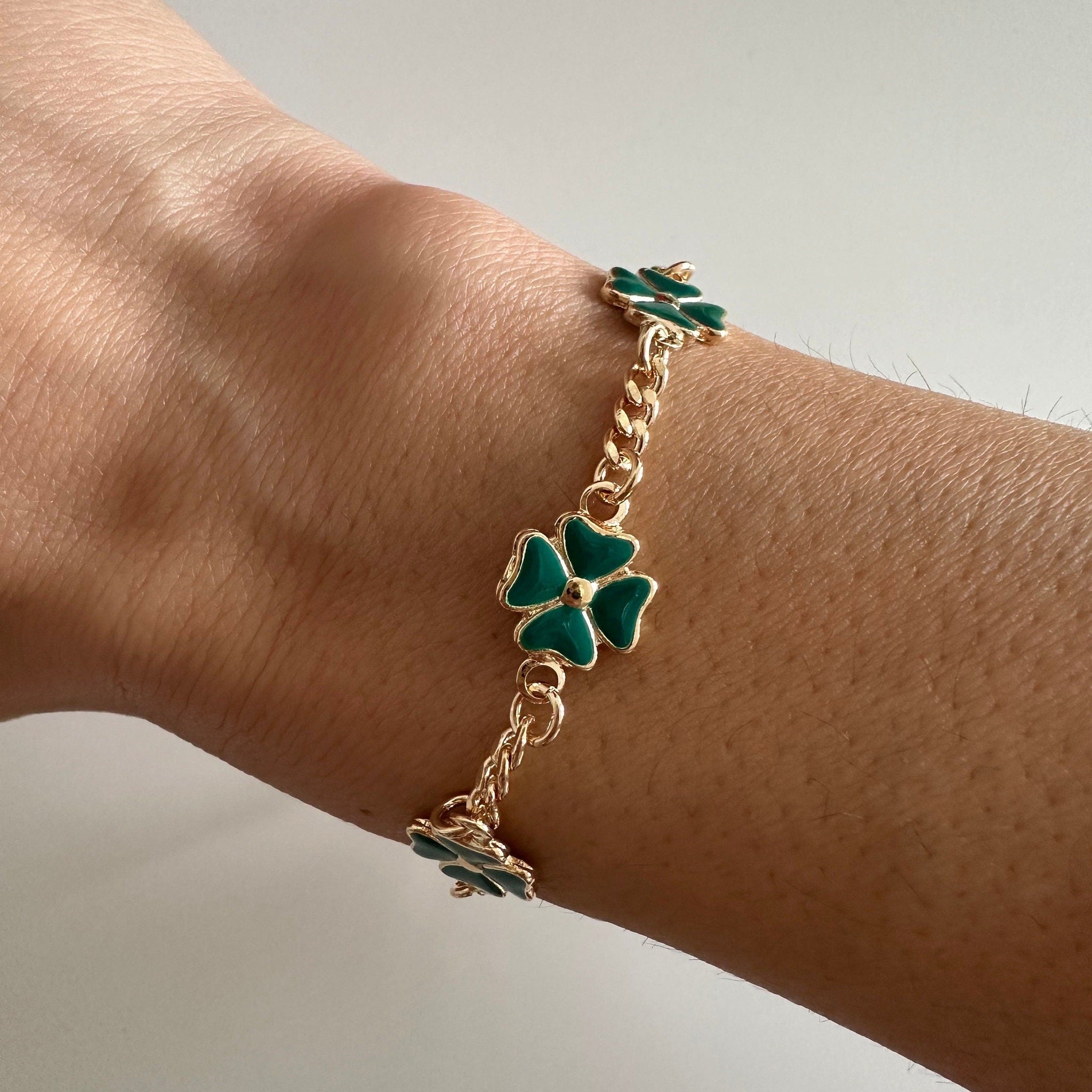 18k Gold Filled Clover Bracelet, Enamel Charm Bracelet