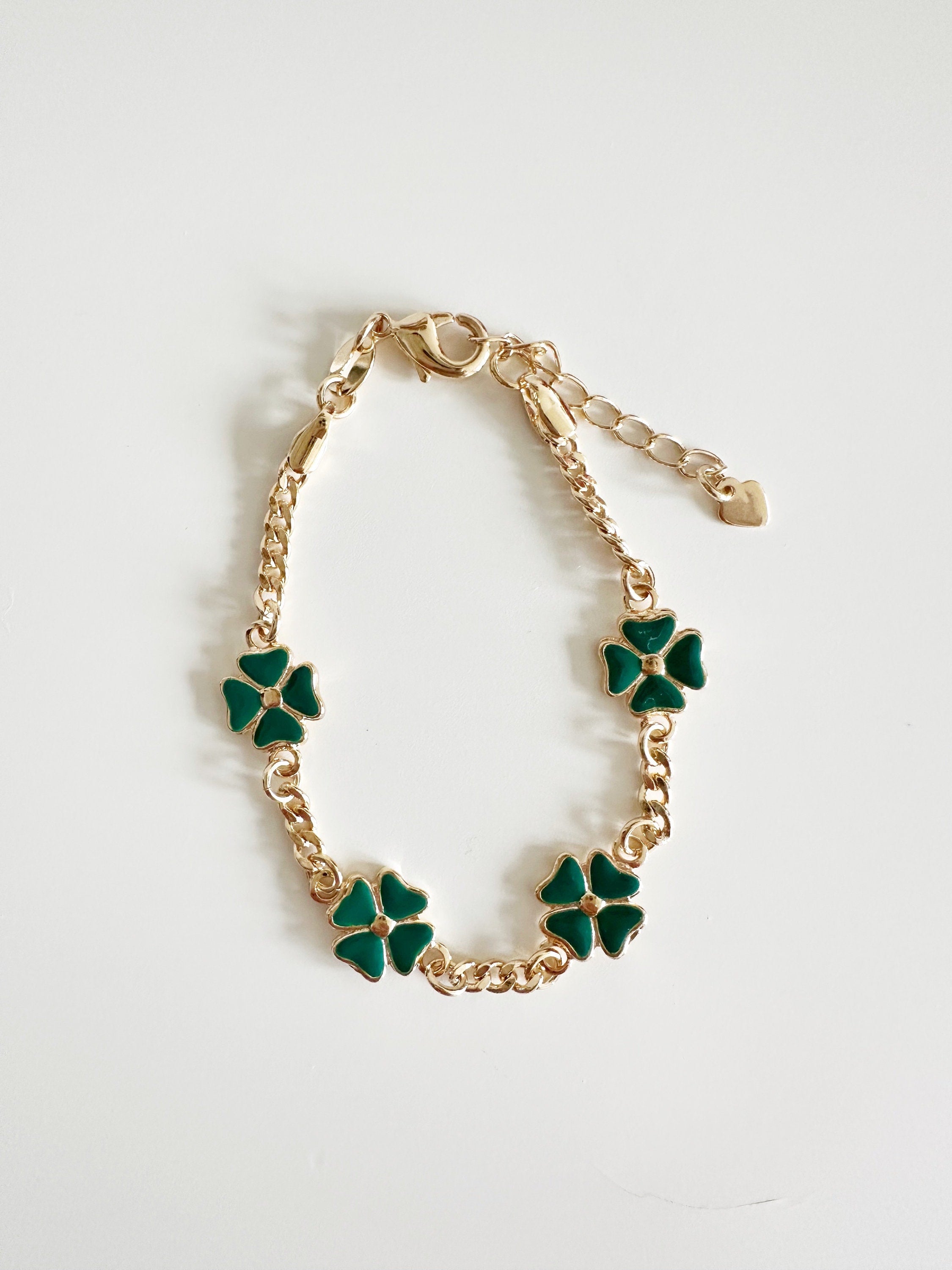 18k Gold Filled Clover Bracelet, Enamel Charm Bracelet
