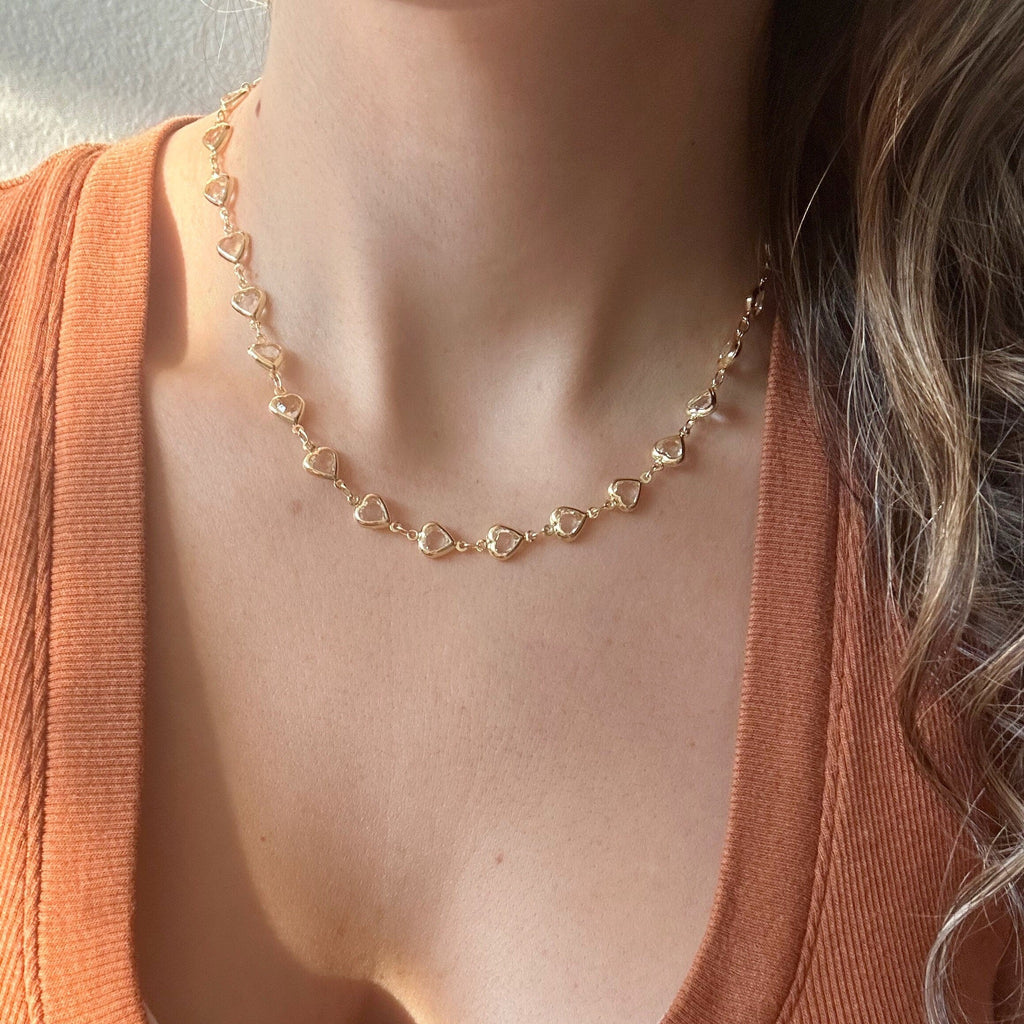 Gold Filled CZ Heart Chain Necklace Valentines Day
