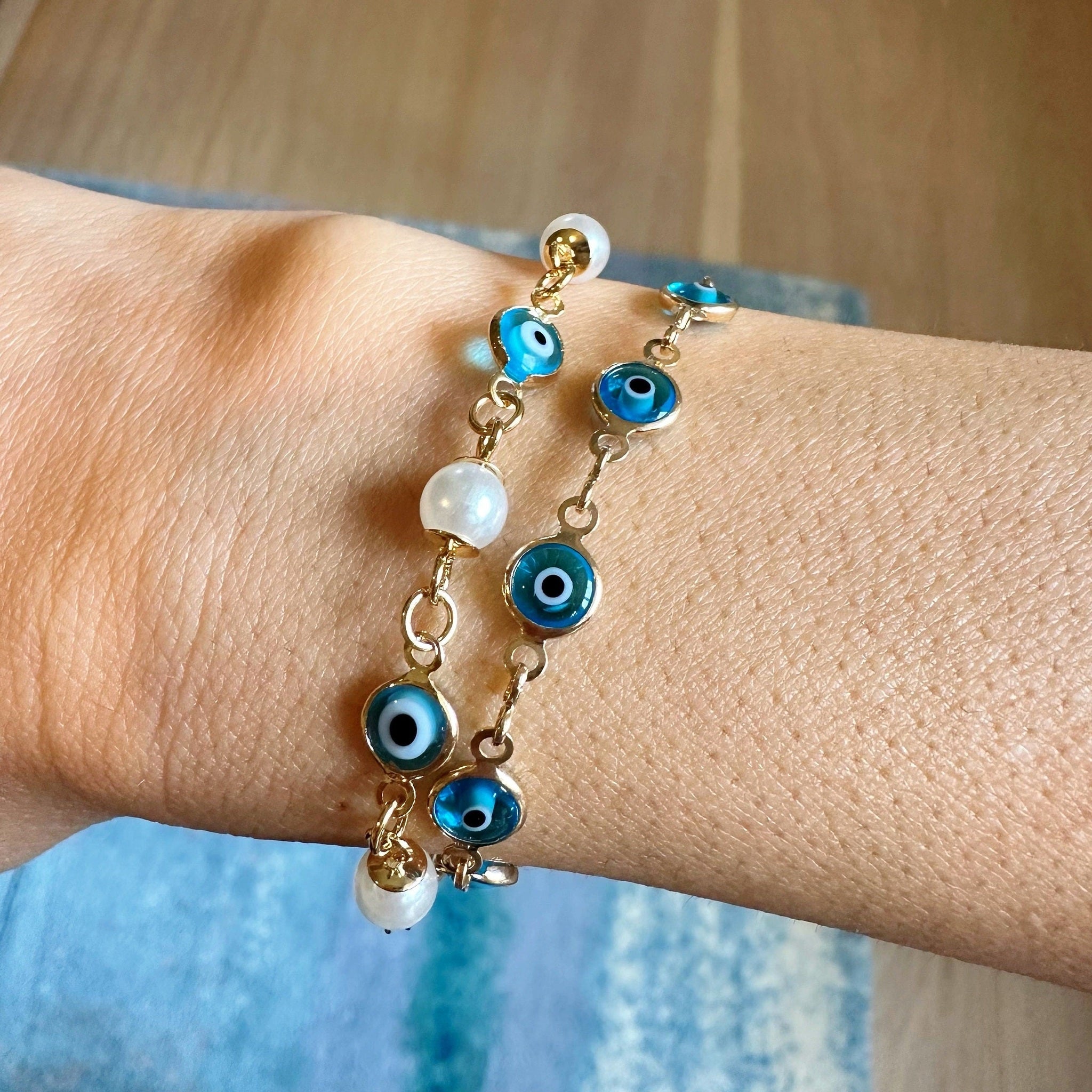 Turquoise Evil Eye Bracelet: Pearl Gold Filled Chain, Layering Jewelry