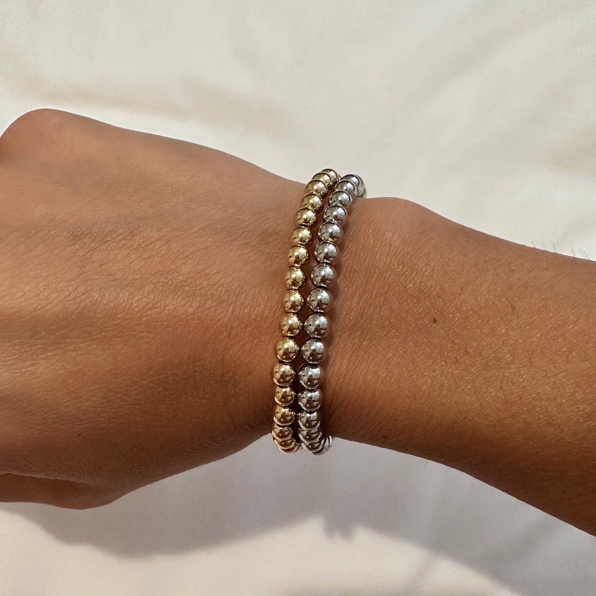 18k Rhodium Filled Beaded Bracelet: Dainty Stretchy Bracelet