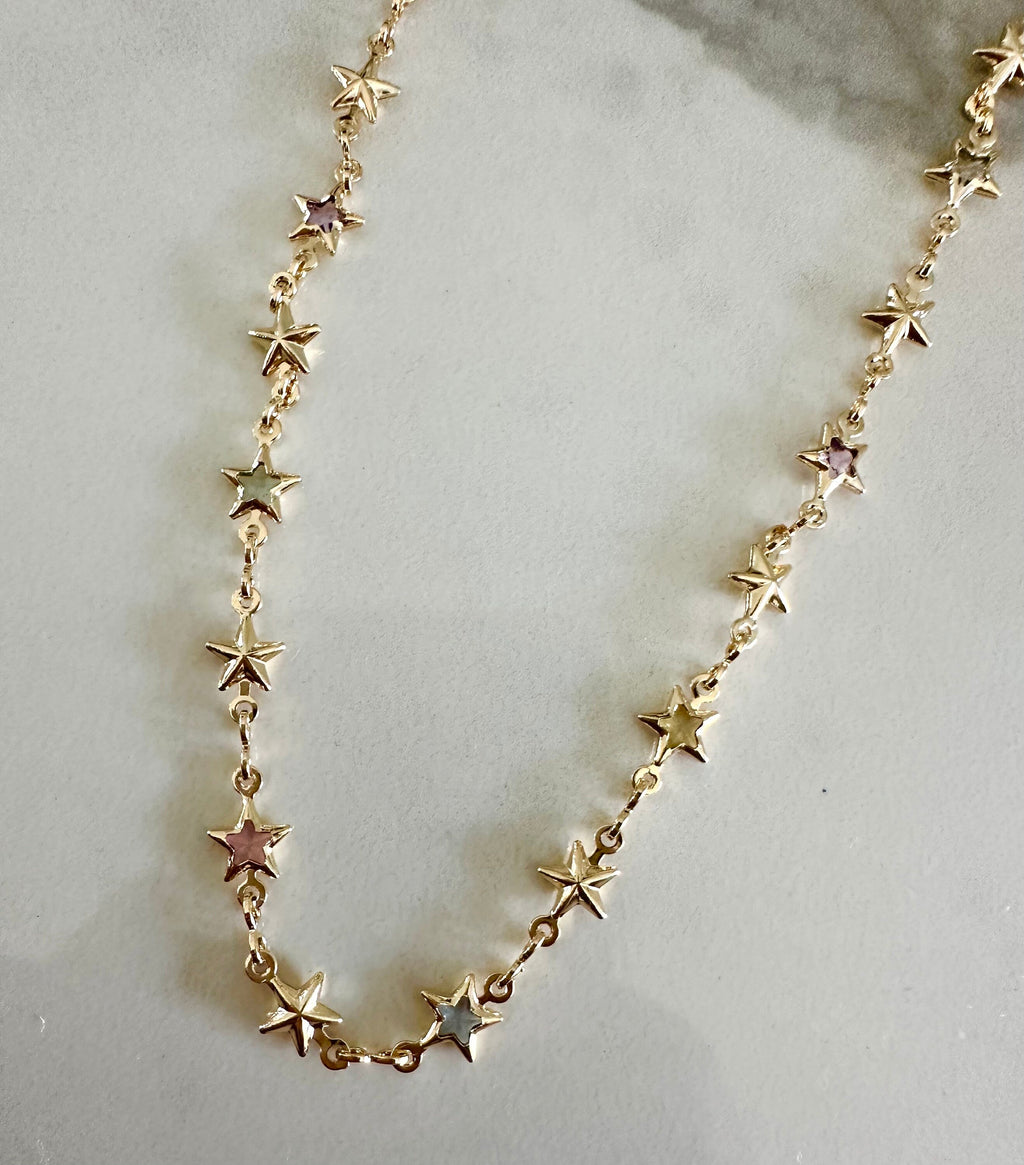 18k Gold Filled Star Chain Necklace: Dainty Multicolored CZ