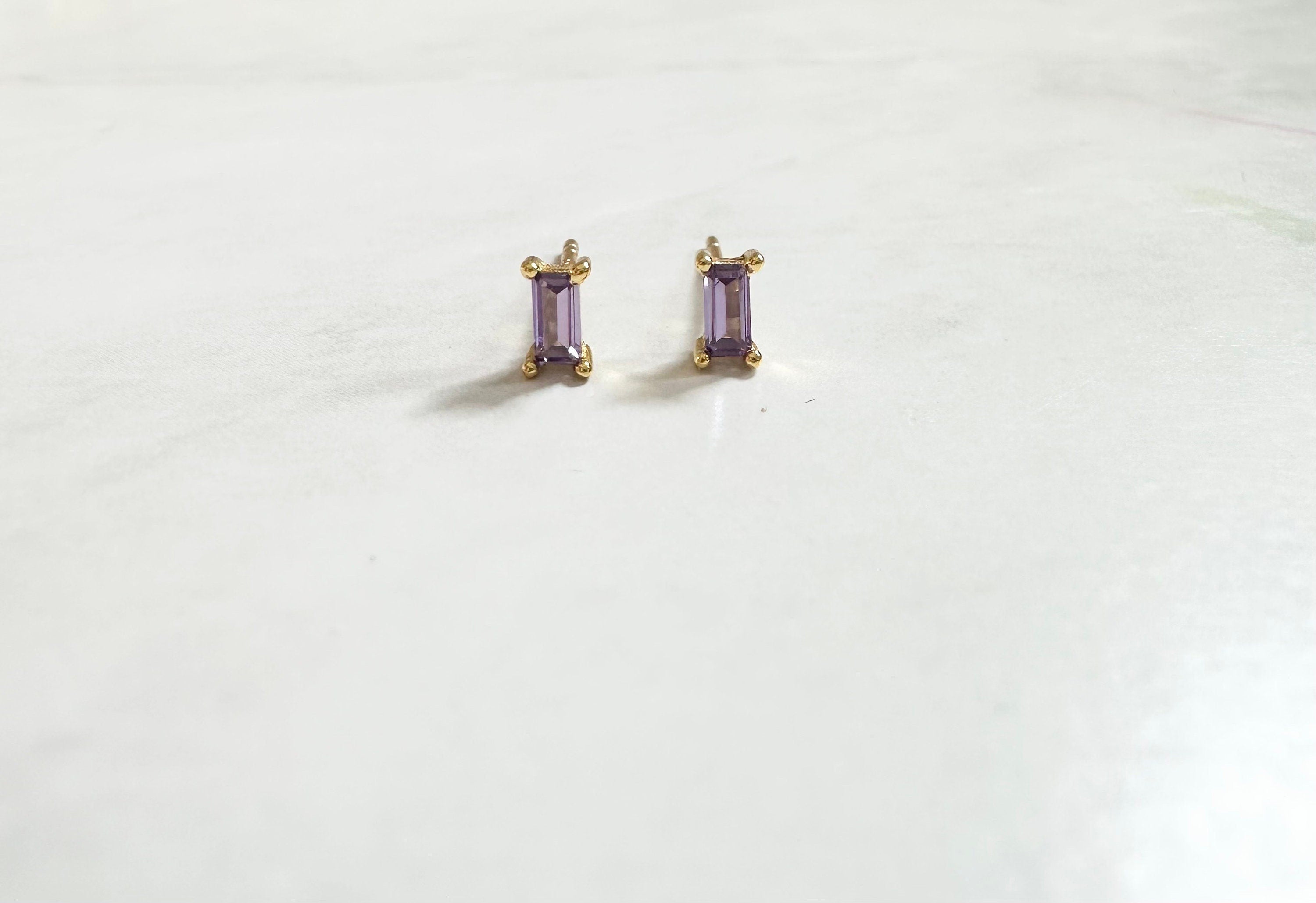 Purple CZ Gold Baguette Stud Earrings, Baguette Studs
