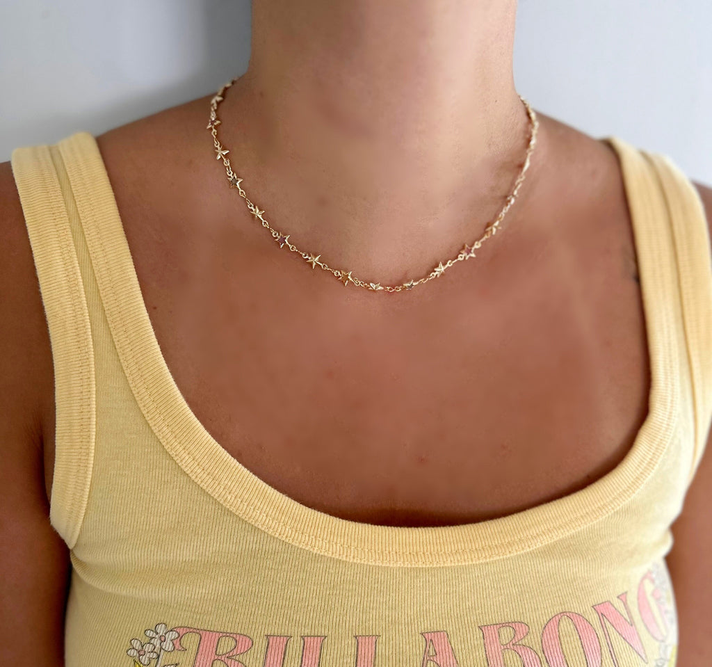 18k Gold Filled Star Chain Necklace: Dainty Multicolored CZ