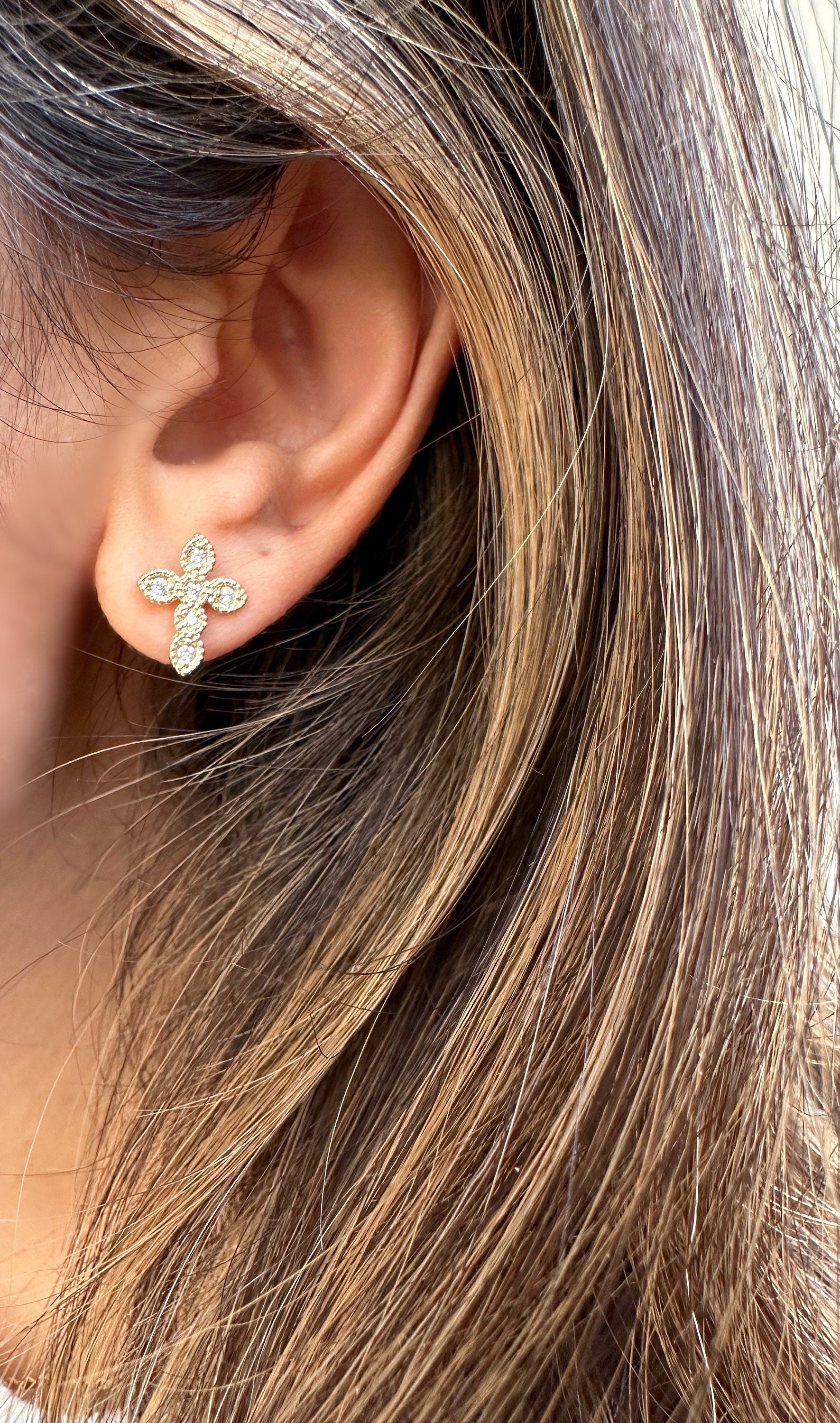 18k Gold Filled CZ Cross Stud Earrings, Cross Earrings, Gold Studs