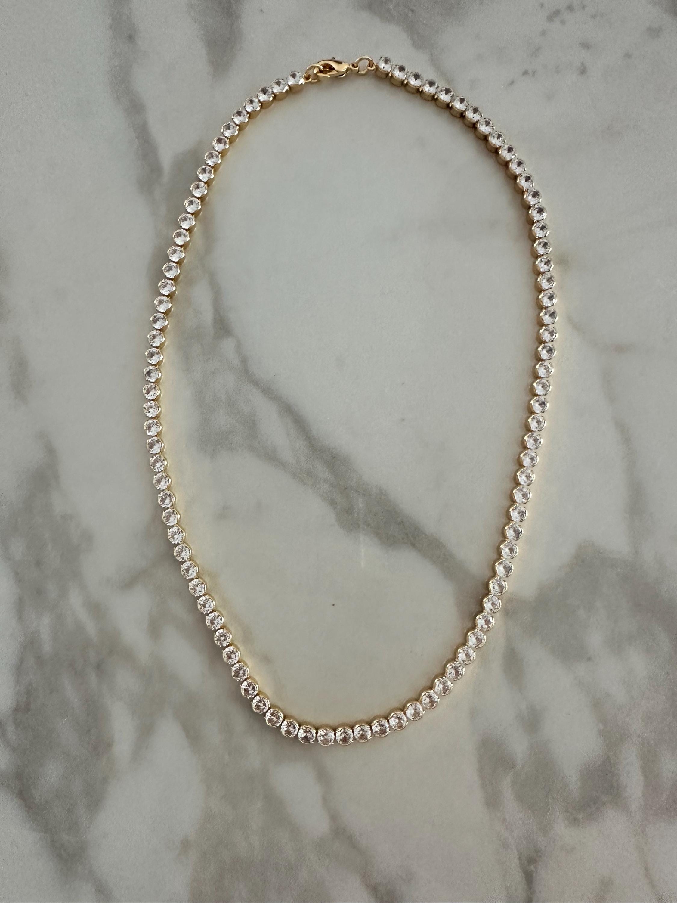 18k Gold Plated Round CZ Tennis Necklace-Statement Necklace, Layering Necklace