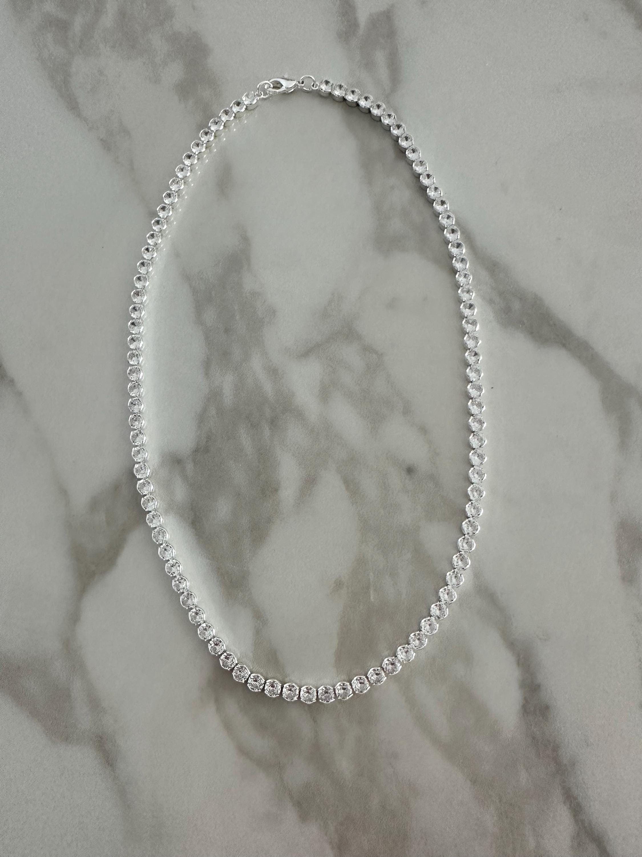 18k Silver Color Plated Round CZ Tennis Necklace-Statement Necklace, Layering Necklace