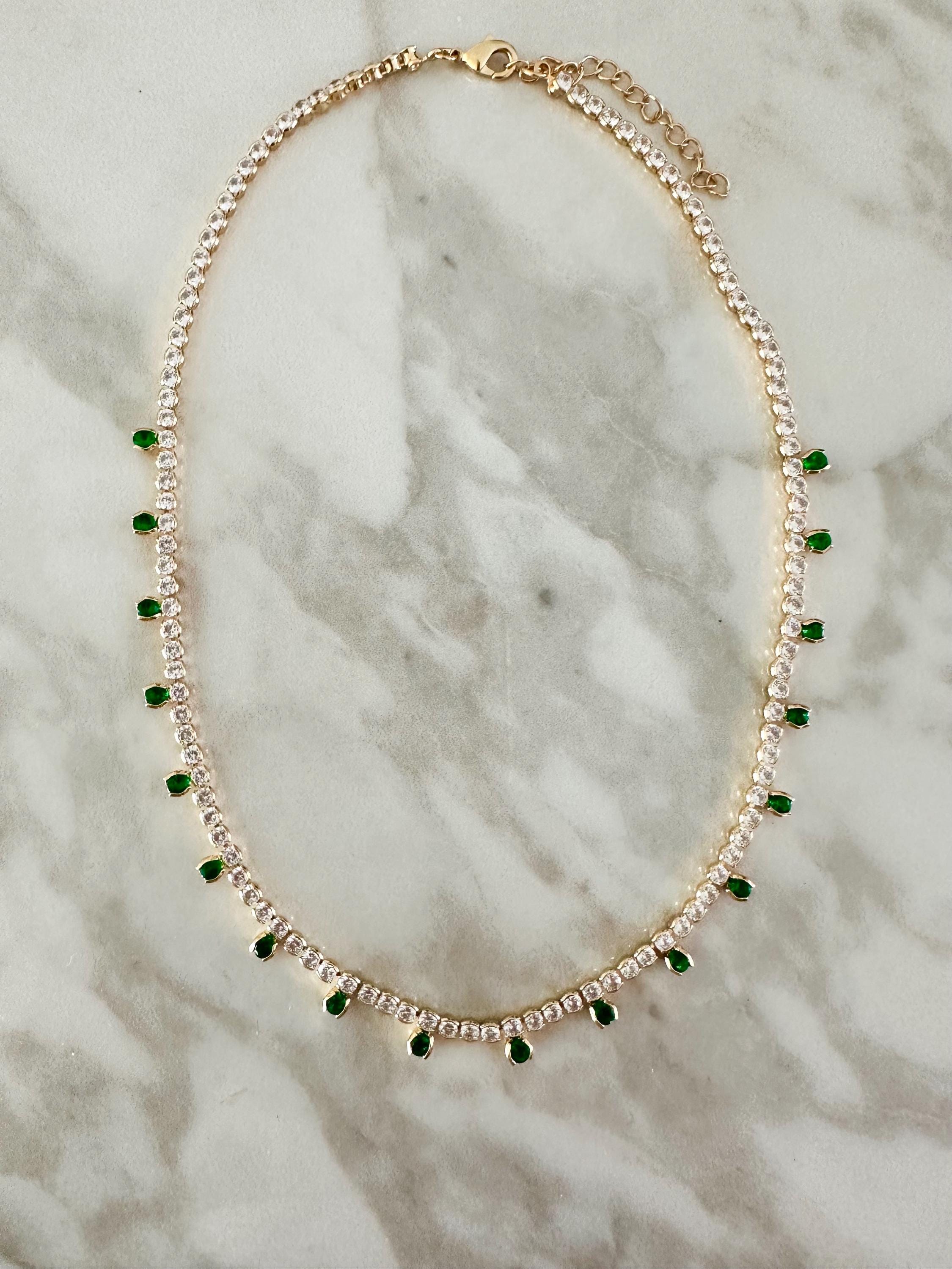 18k Gold Filled Round CZ Emerald Green Drop Tennis Necklace-Statement Necklace, Layering Necklace