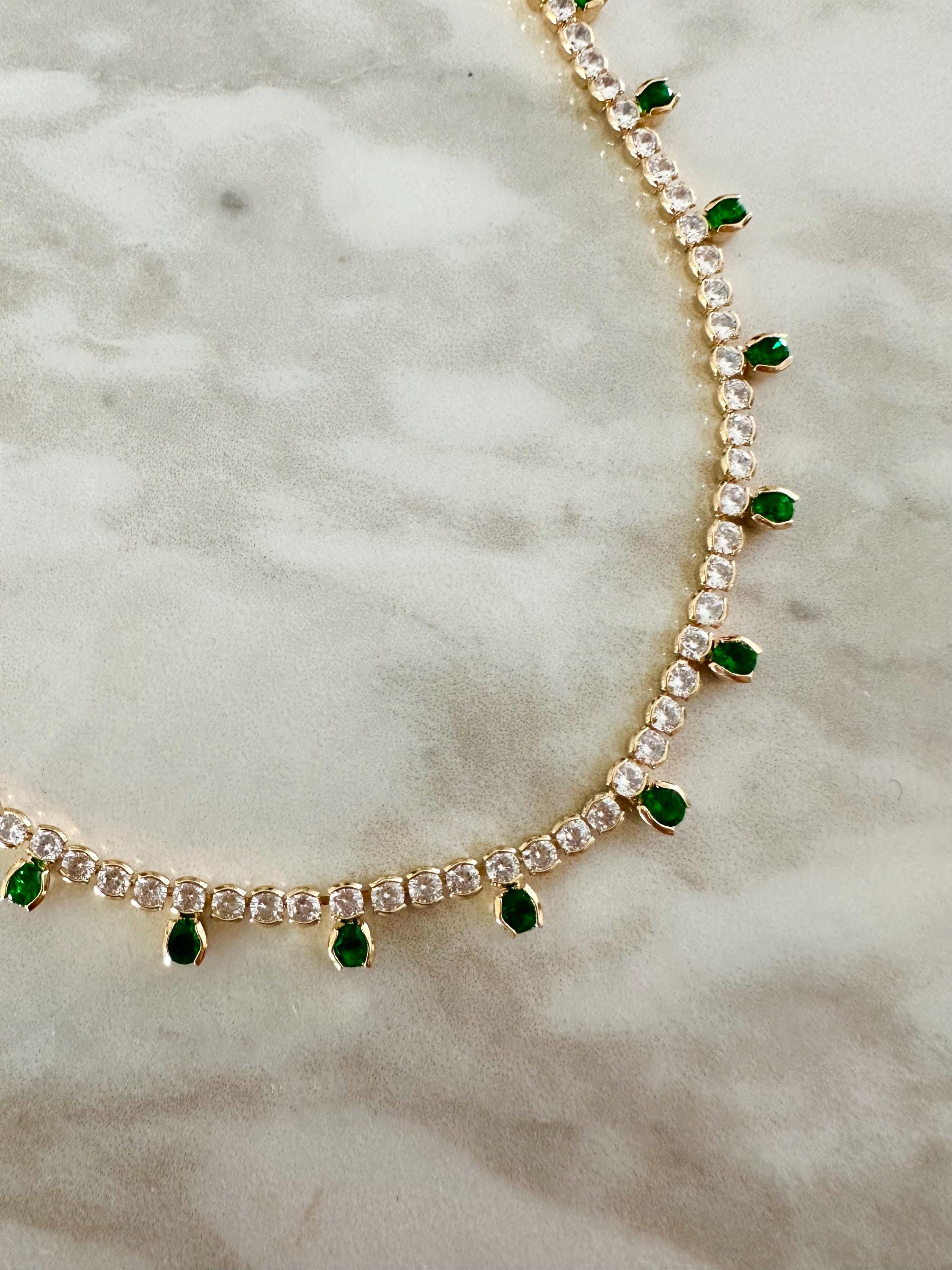18k Gold Filled Round CZ Emerald Green Drop Tennis Necklace-Statement Necklace, Layering Necklace