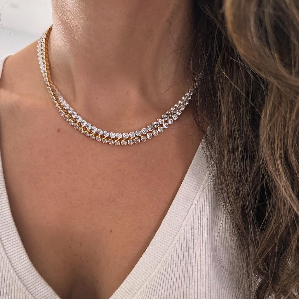 18k Gold Plated Round CZ Tennis Necklace-Statement Necklace, Layering Necklace