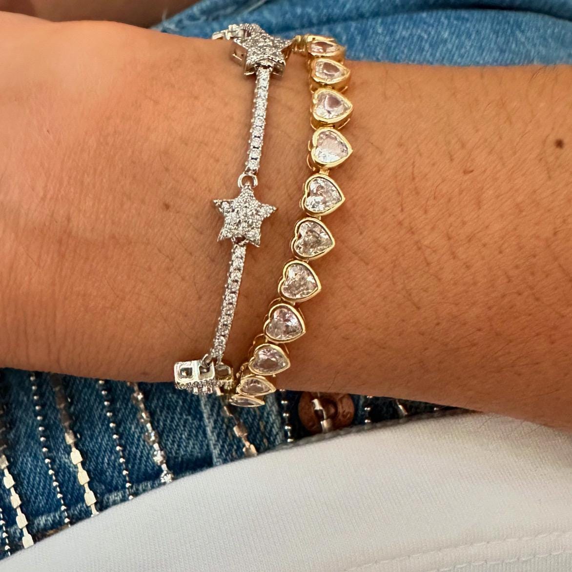18k Gold Filled CZ Star Bracelet: Dainty Rhodium Chain