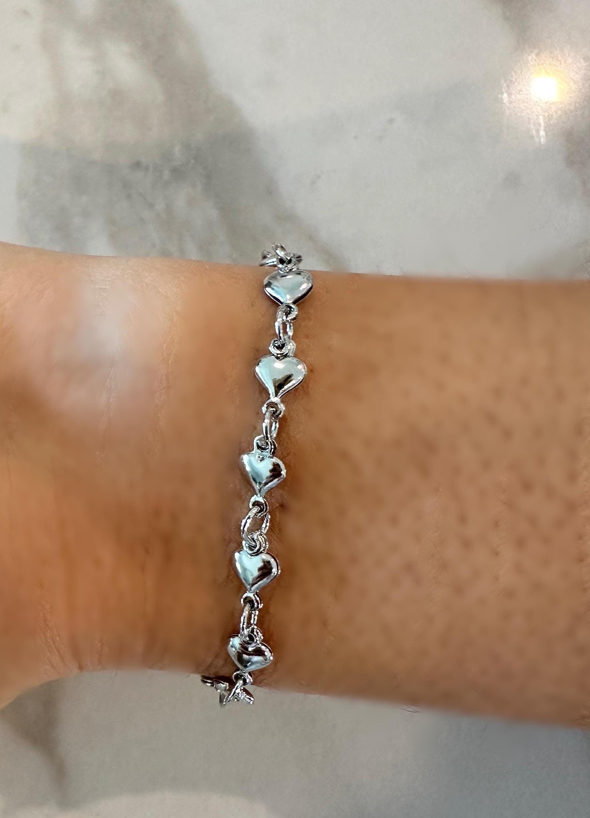 18k White Gold Filled Heart Chain Bracelet: Dainty Layering Bracelet Valentines Day