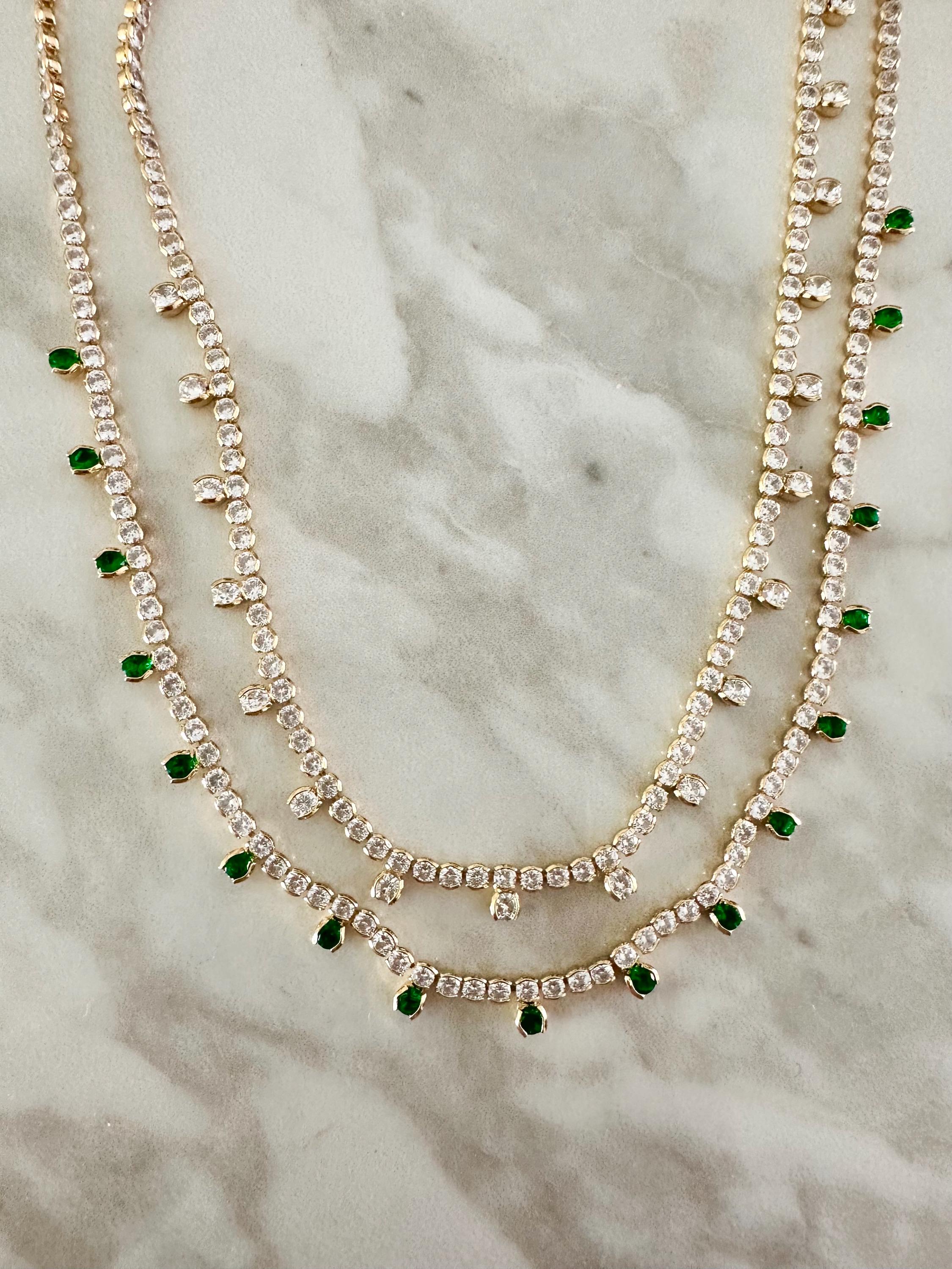 18k Gold Filled Round CZ Emerald Green Drop Tennis Necklace-Statement Necklace, Layering Necklace