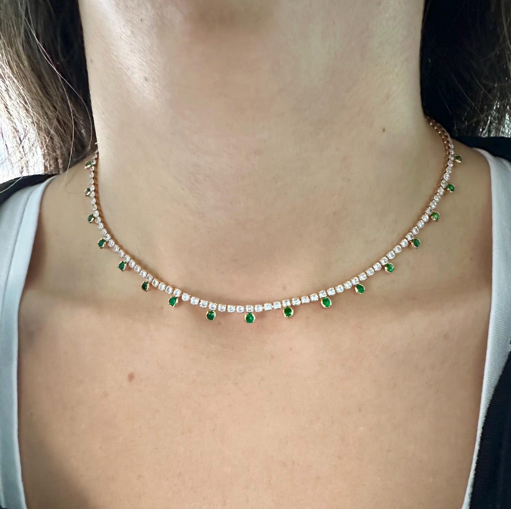 18k Gold Filled Round CZ Emerald Green Drop Tennis Necklace-Statement Necklace, Layering Necklace