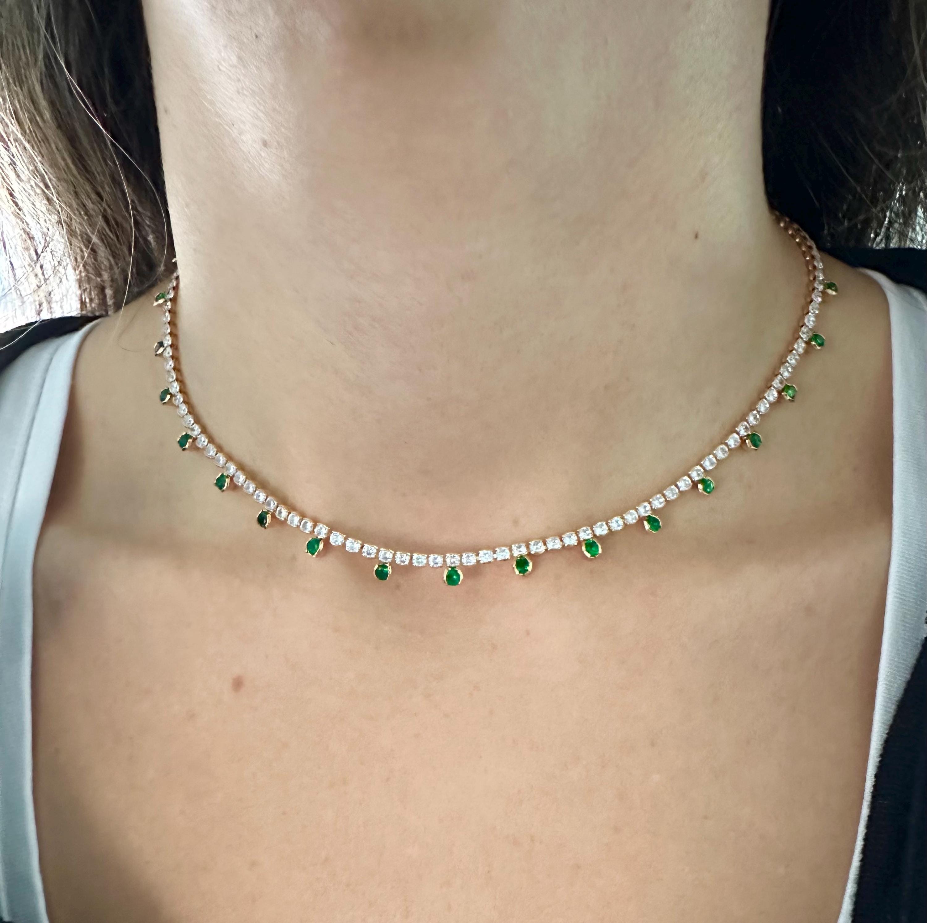 18k Gold Filled Round CZ Emerald Green Drop Tennis Necklace-Statement Necklace, Layering Necklace