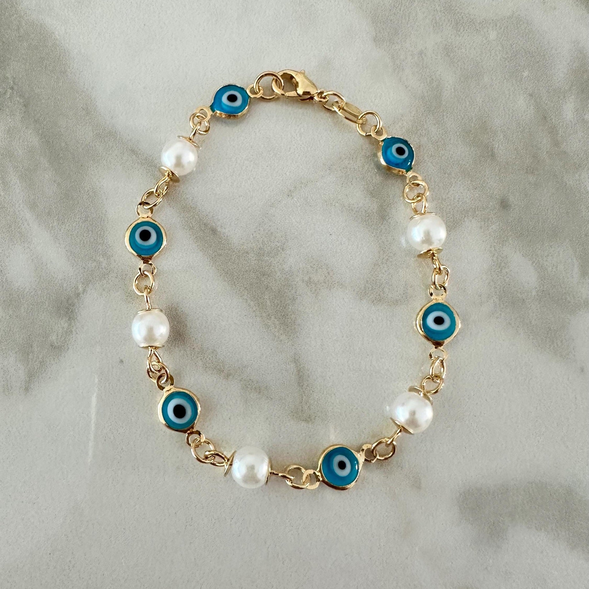Turquoise Evil Eye Bracelet: Pearl Gold Filled Chain, Layering Jewelry