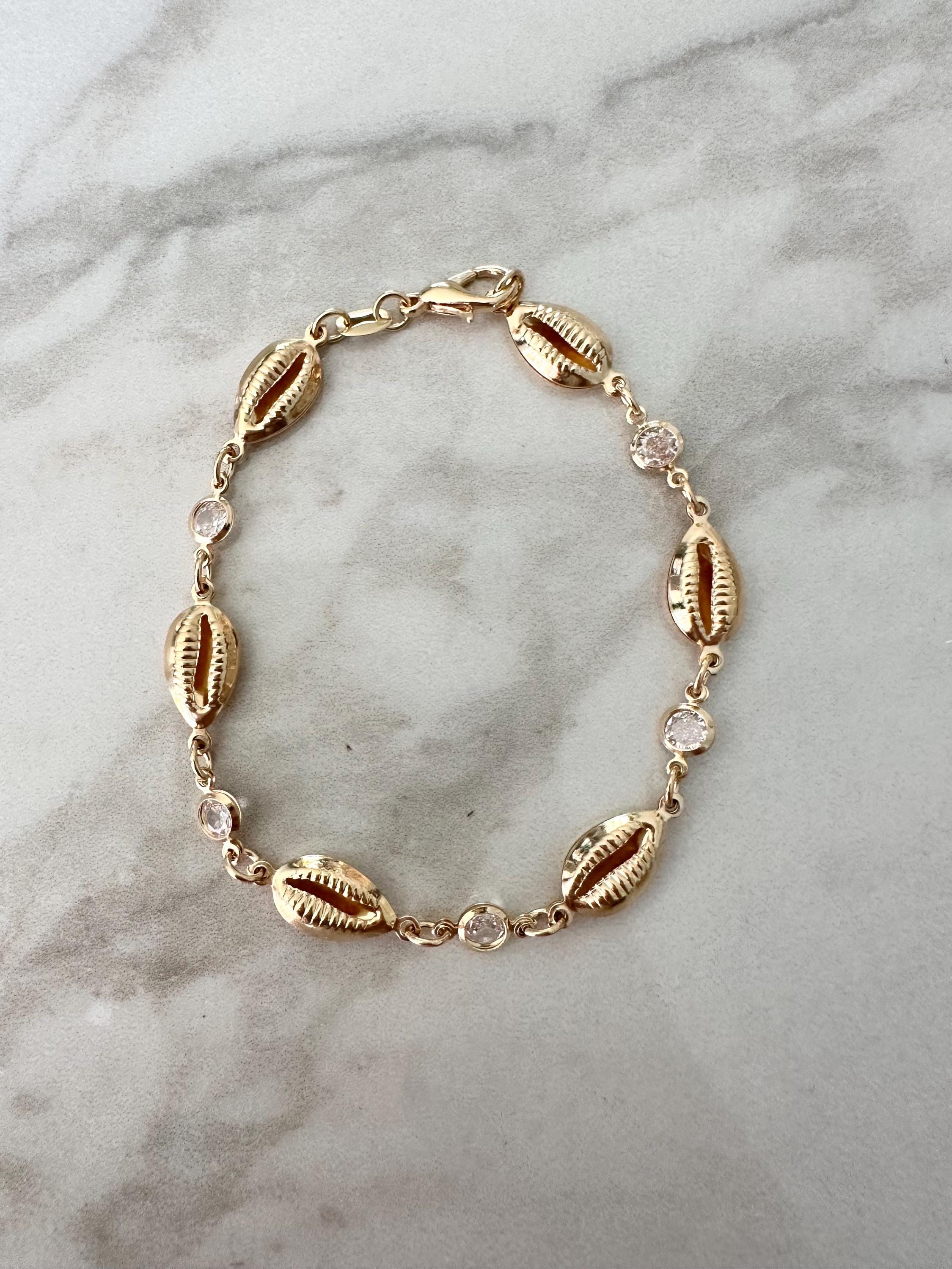 18k Gold Filled Cowrie Shell Bracelet: CZ Dainty Beach Jewelry