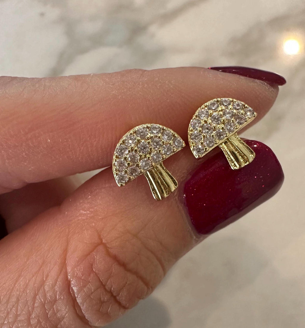 Gold Mushroom Stud Earrings: CZ Crystal Earrings