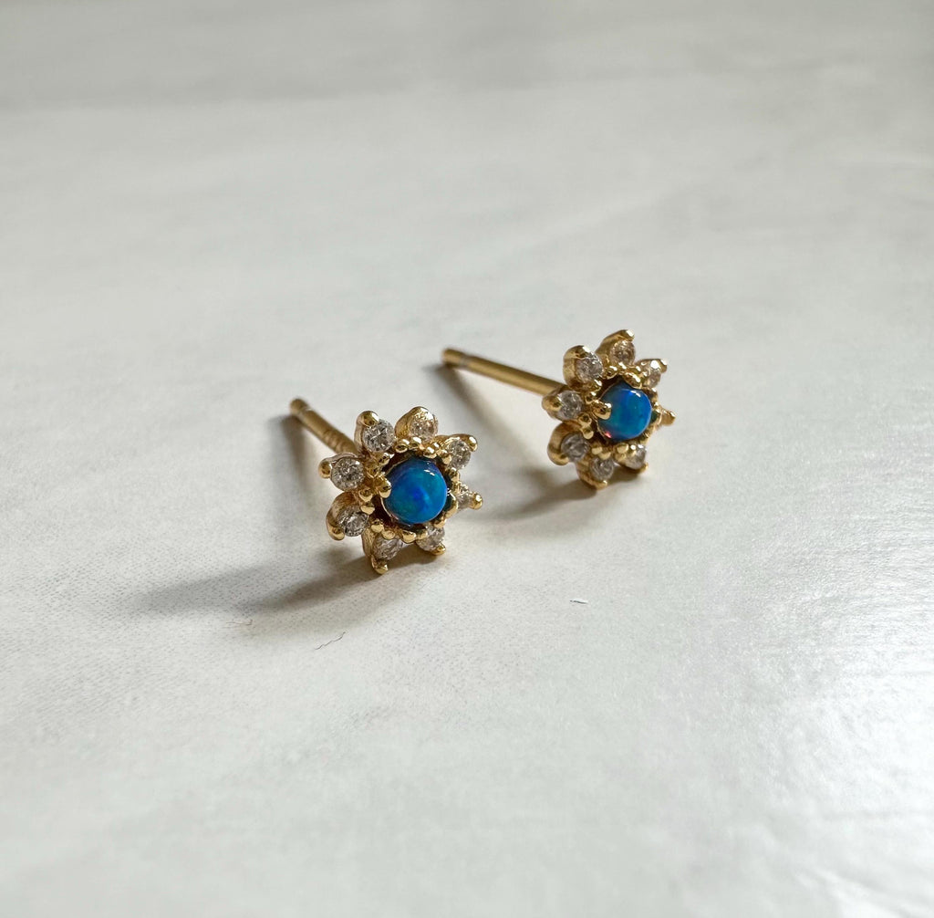 Blue Opal Flower Stud Earrings: Gold Plated CZ