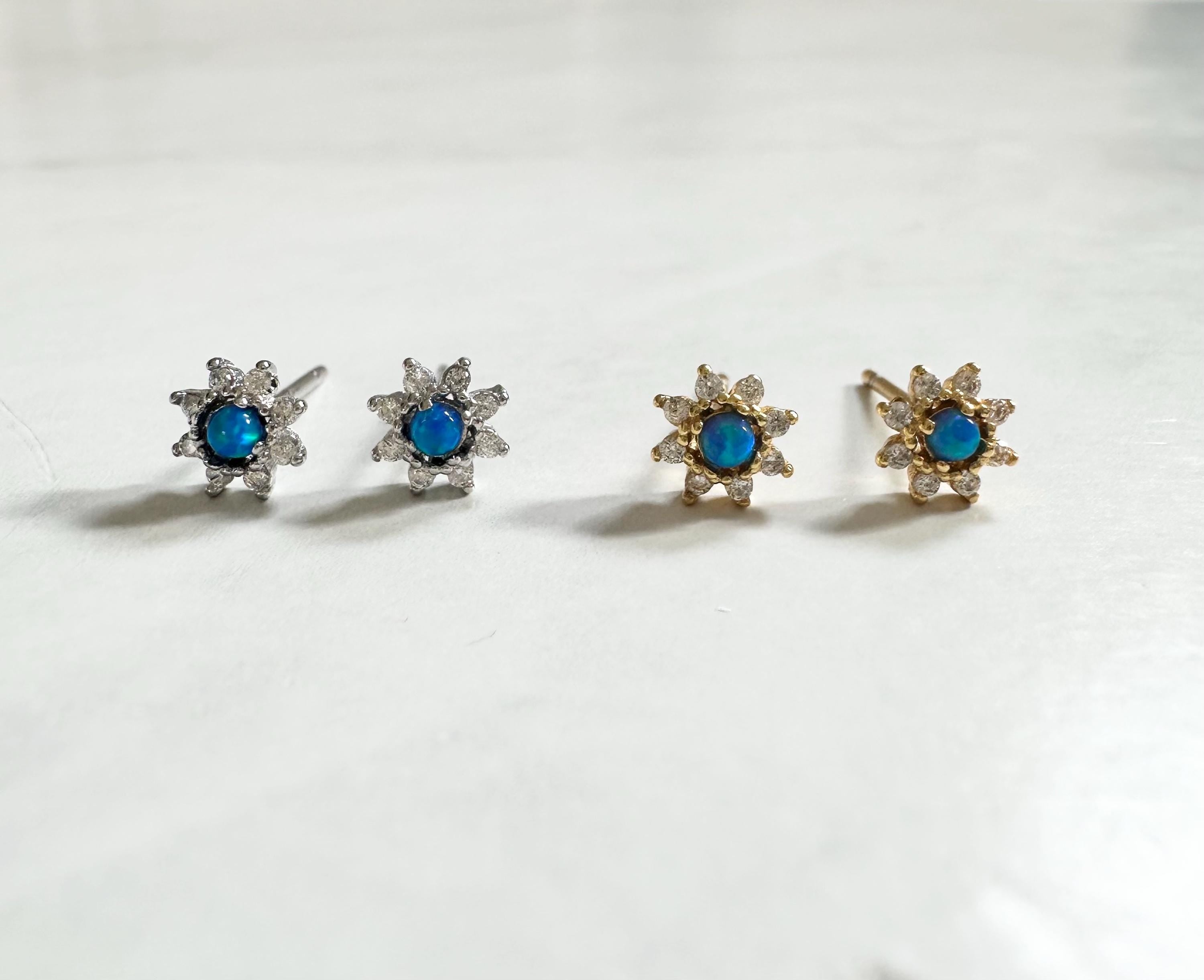 Blue Opal Flower Stud Earrings: Rhodium Sterling Silver CZ