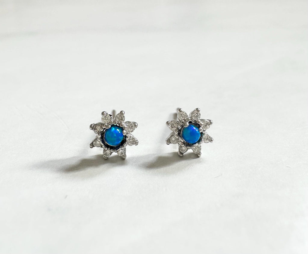 Blue Opal Flower Stud Earrings: Rhodium Sterling Silver CZ