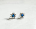 Blue Opal Flower Stud Earrings: Rhodium Sterling Silver CZ