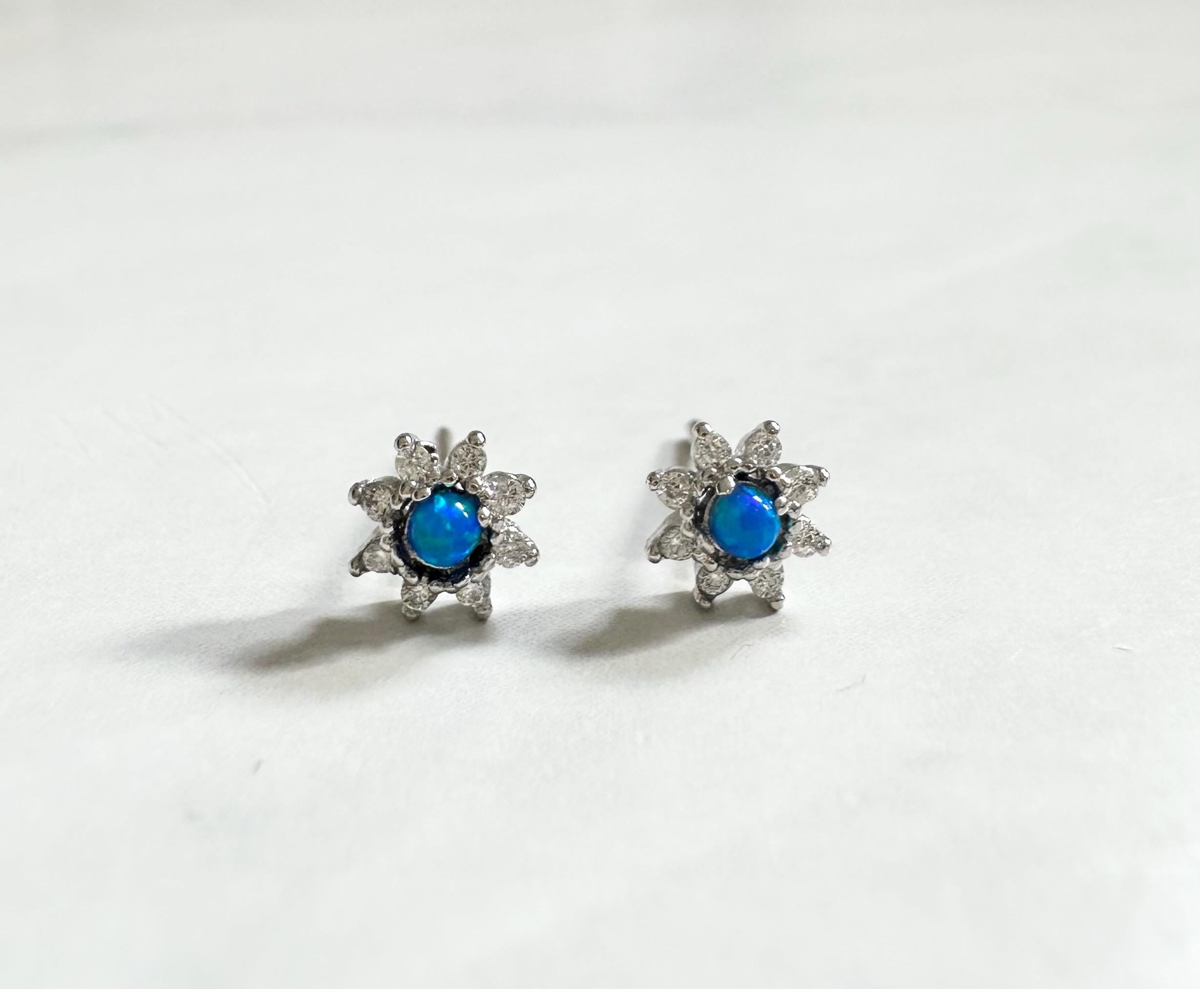 Blue Opal Flower Stud Earrings: Rhodium Sterling Silver CZ