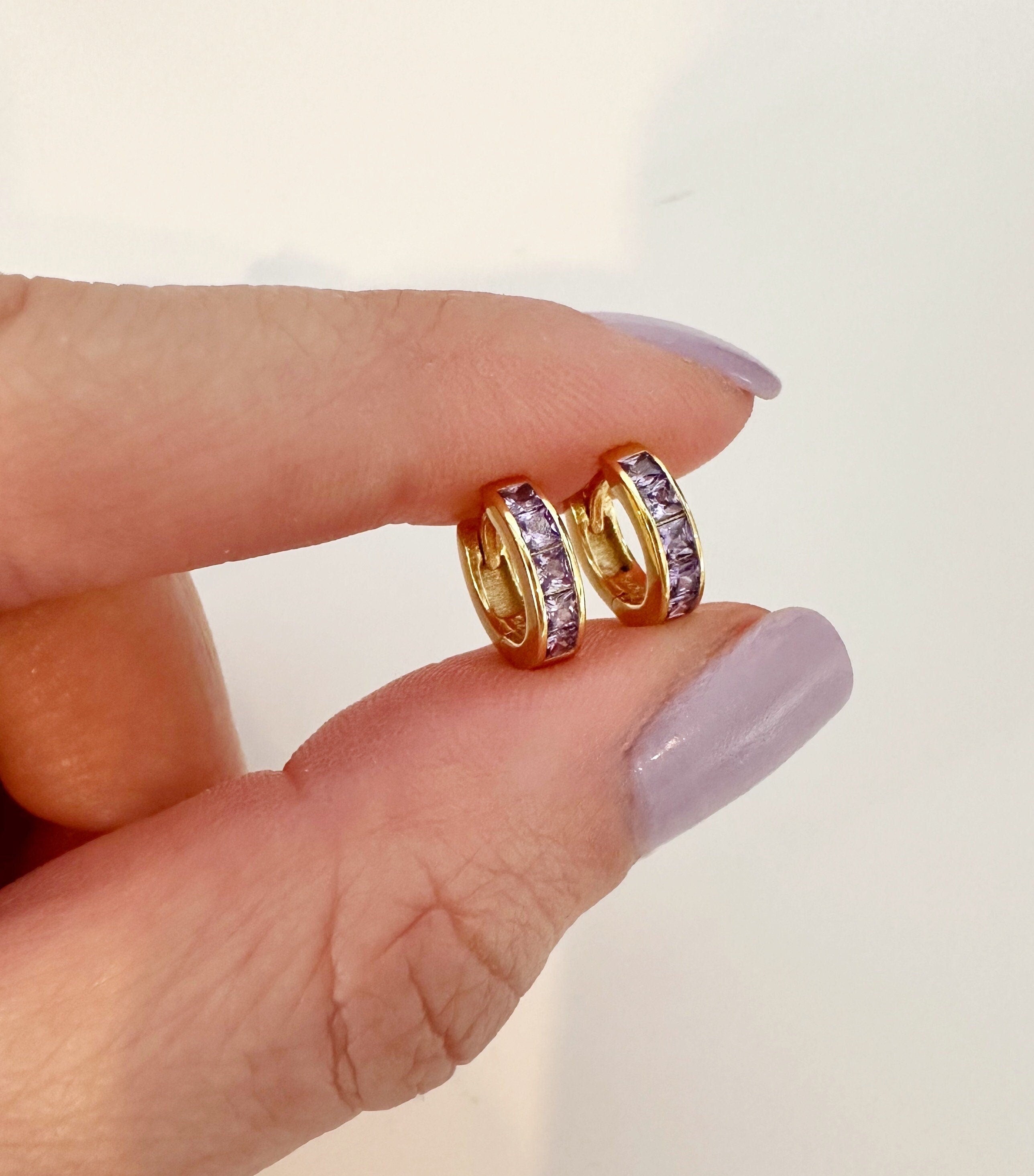 Purple CZ Huggie Earrings: 18k Gold Plated Sterling Silver Hoops