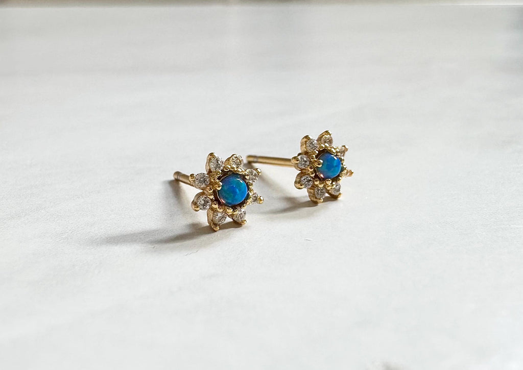 Blue Opal Flower Stud Earrings: Gold Plated CZ