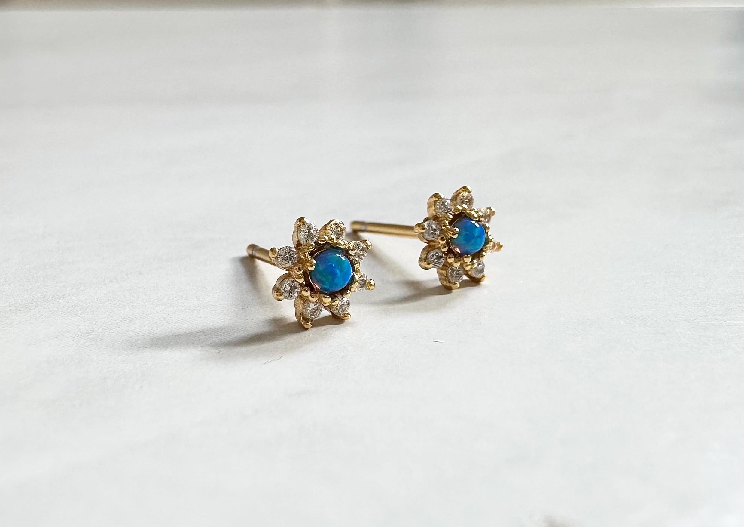 Blue Opal Flower Stud Earrings: Gold Plated CZ