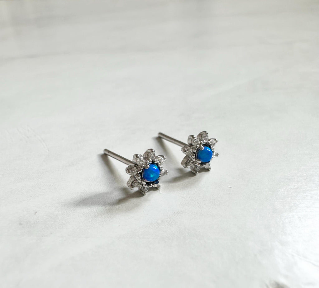 Blue Opal Flower Stud Earrings: Rhodium Sterling Silver CZ